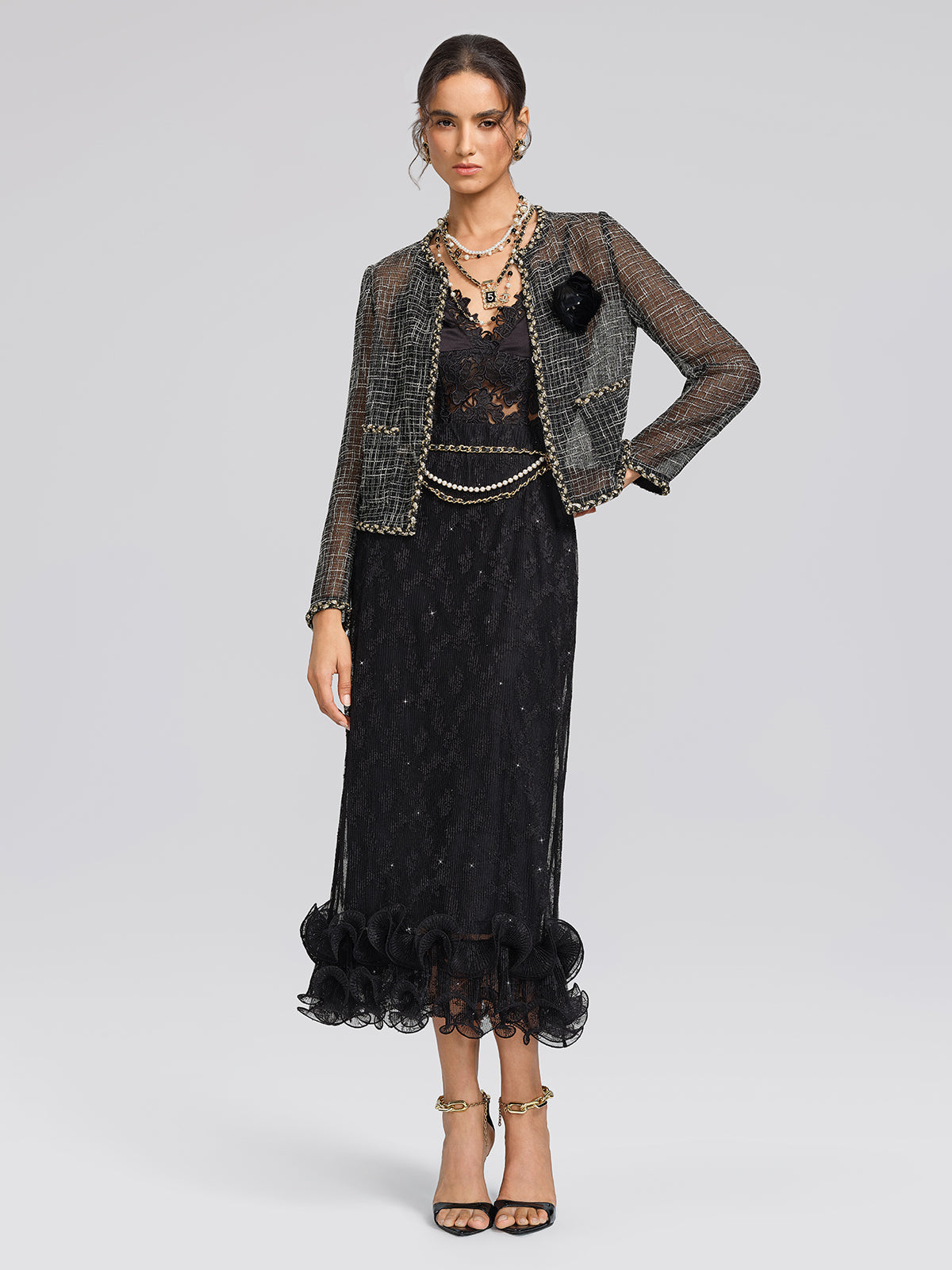 Metallic Plaid Tweed Trim Jacket