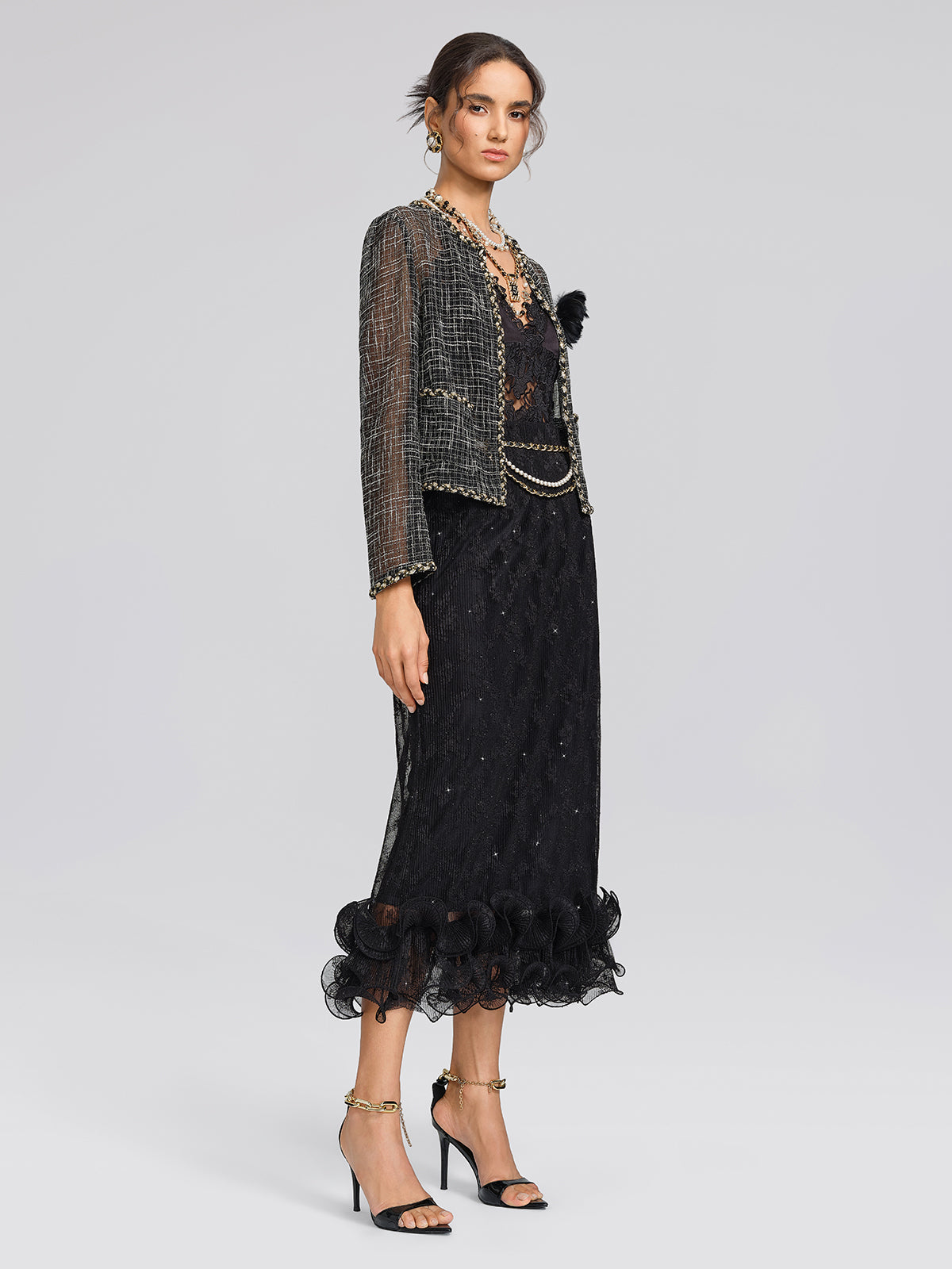 Metallic Plaid Tweed Trim Jacket
