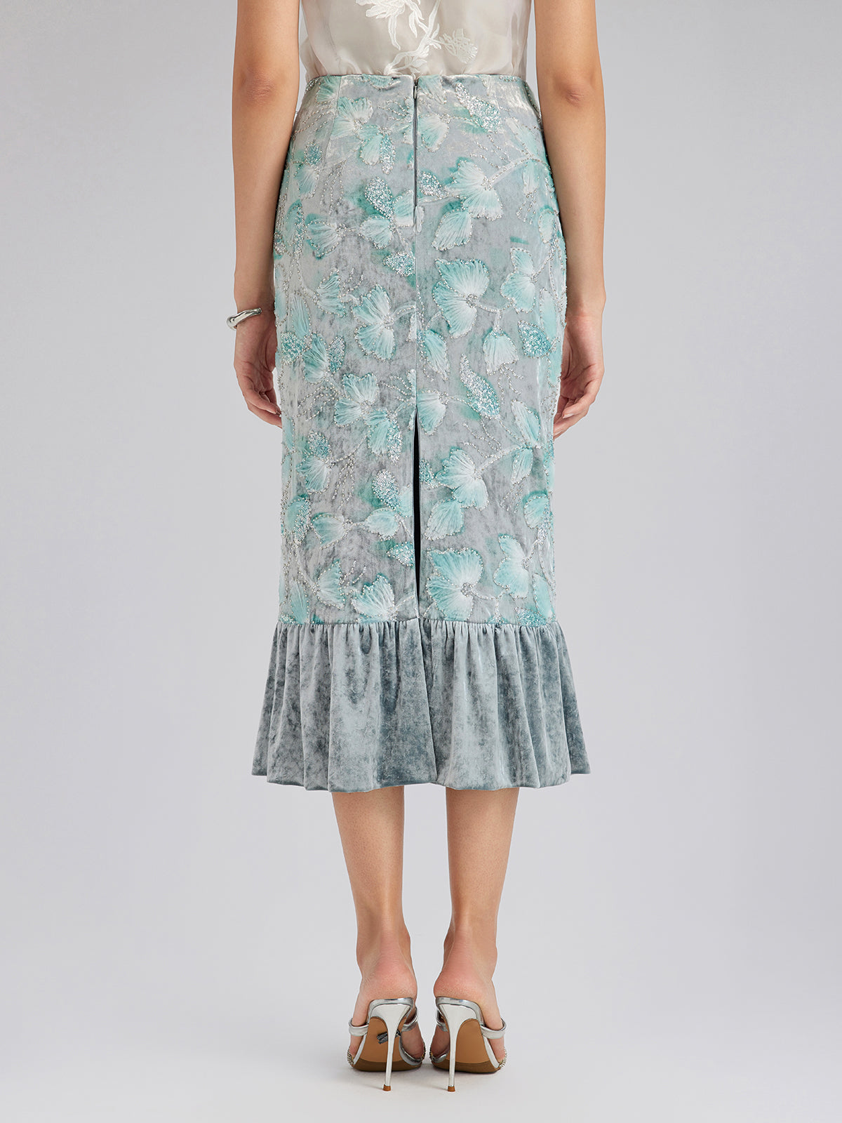 Beaded Floral Embroidered Velvet Tulip Skirt