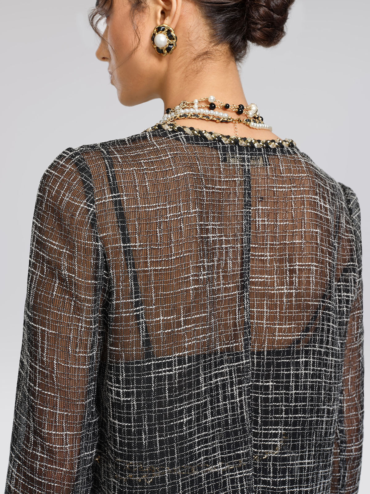 Metallic Plaid Tweed Trim Jacket
