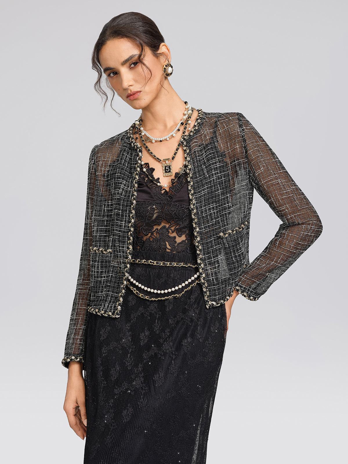 Metallic Plaid Tweed Trim Jacket