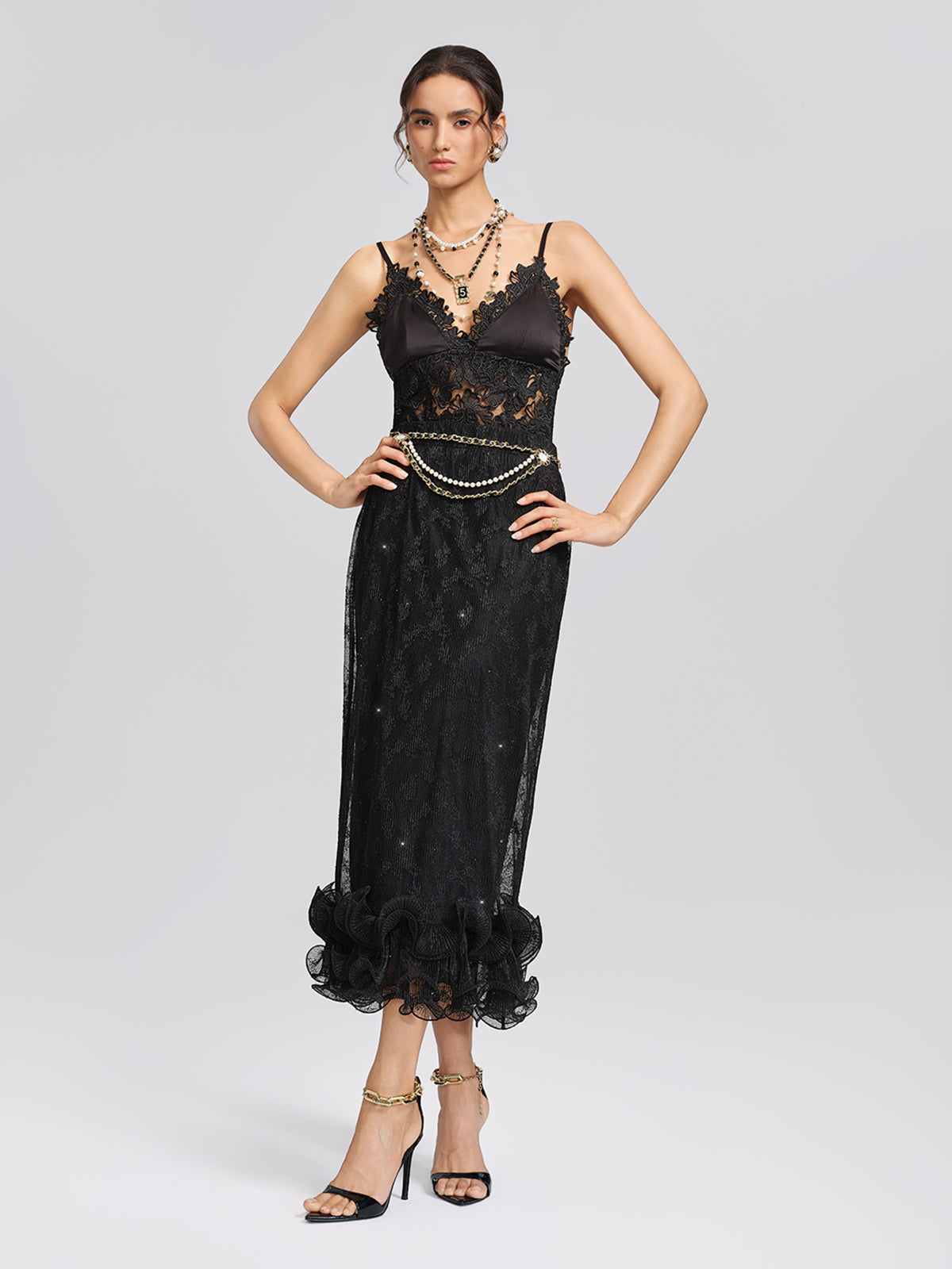 Pleated Mesh Floral Lace Skirt