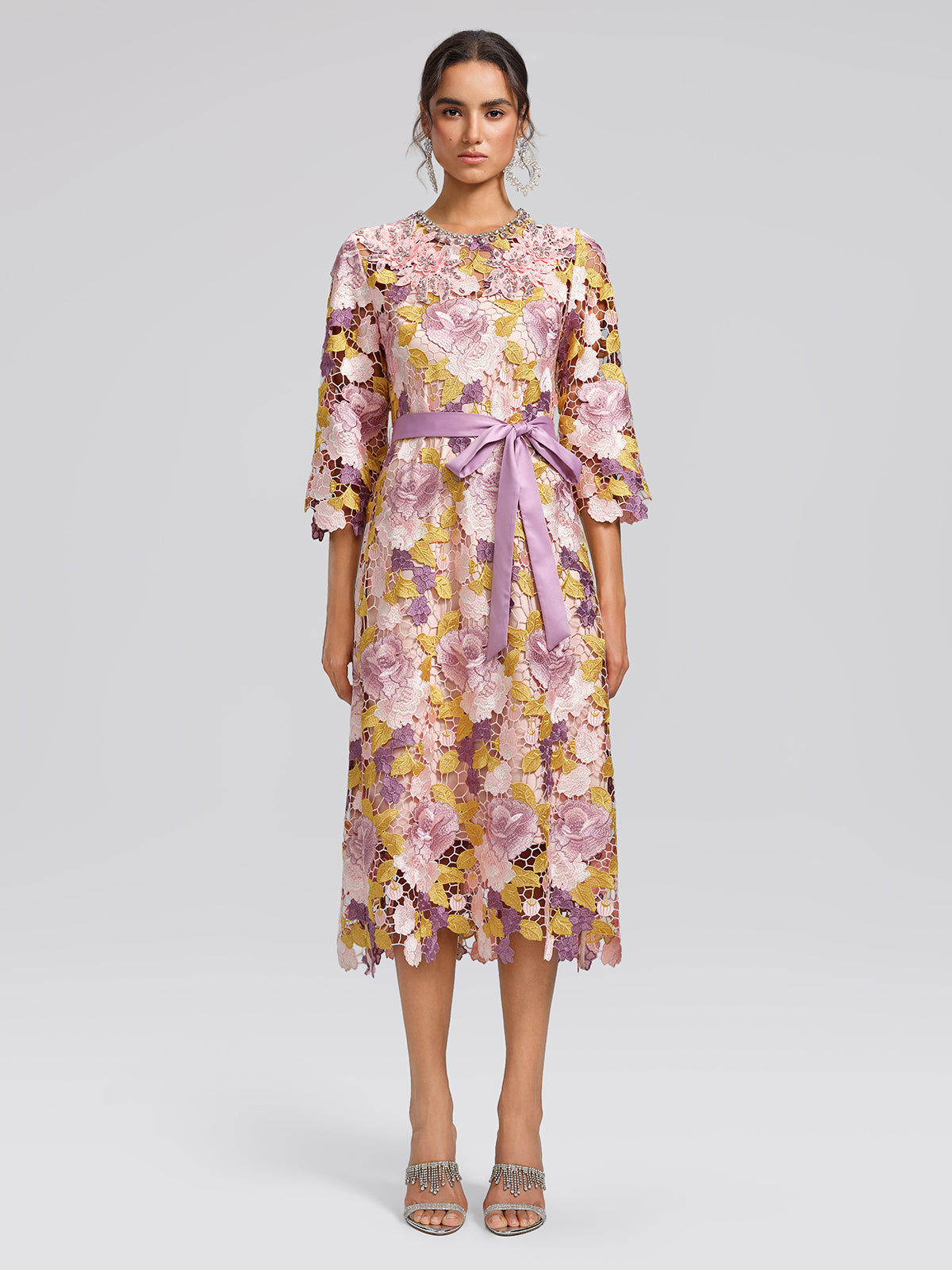 Embroidered Floral Lace Beaded Dress (Waist Tie & Slip Dress Included)