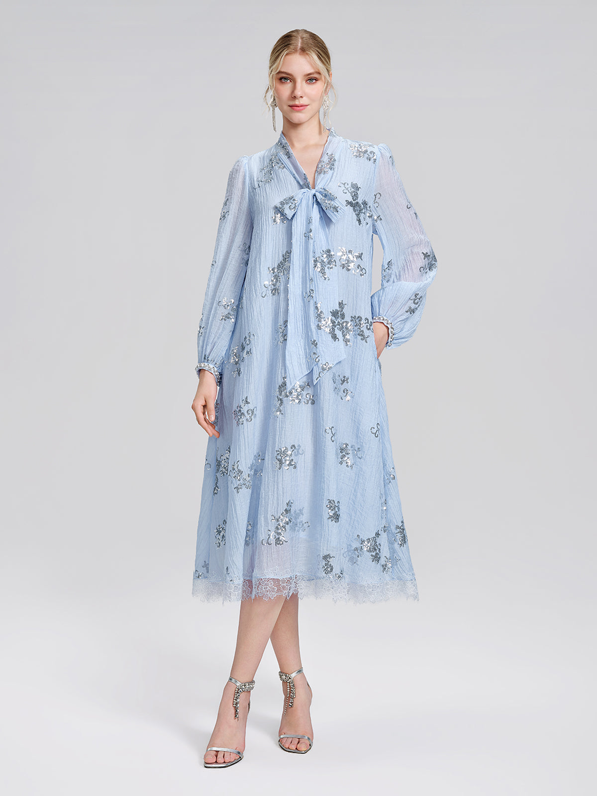 Sequin Embroidered Lace Panel Beaded Tie Dress