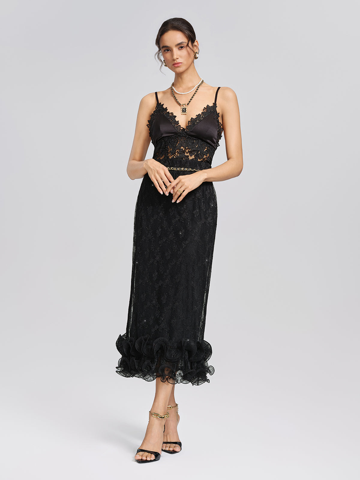 Pleated Mesh Floral Lace Skirt