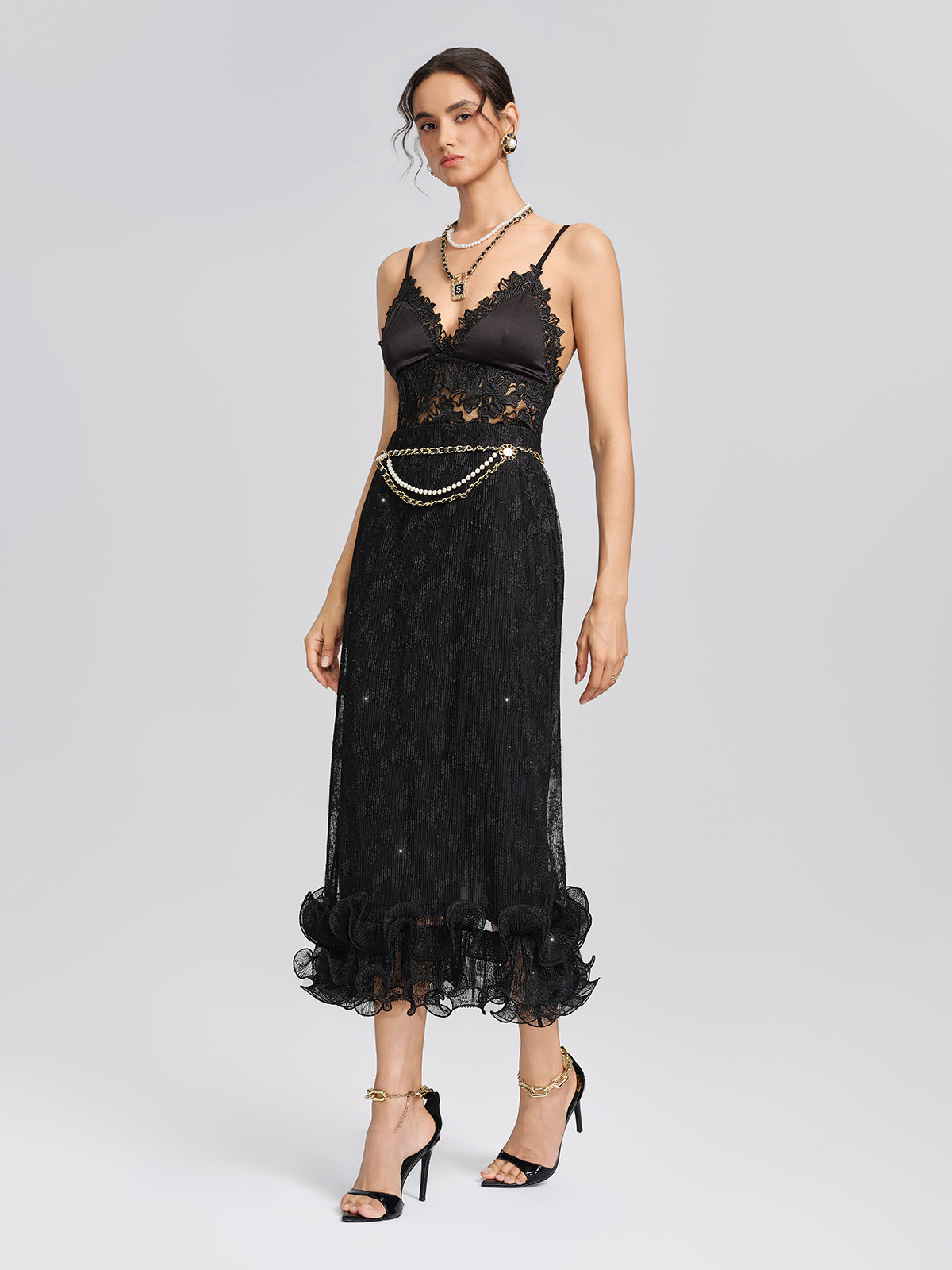 Pleated Mesh Floral Lace Skirt