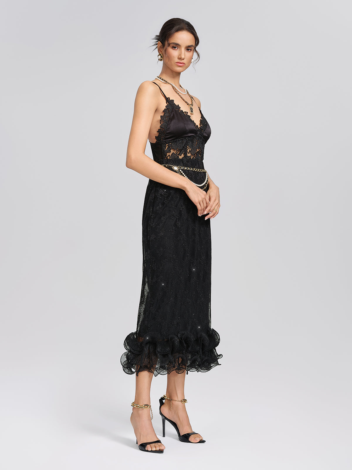 Pleated Mesh Floral Lace Skirt
