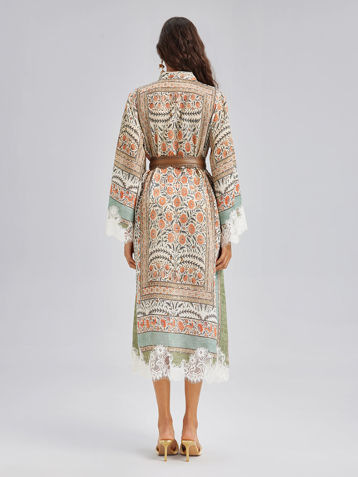 Vintage Botanical Print Lace Dress (Belt Included)