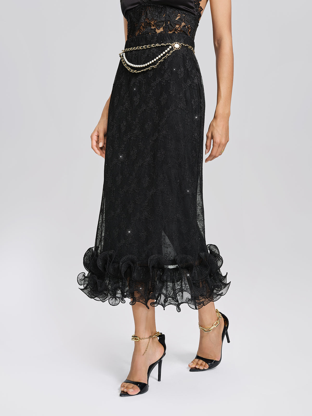 Pleated Mesh Floral Lace Skirt