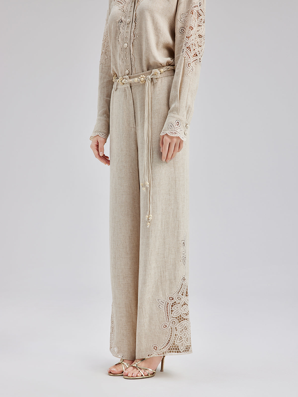 Final Sale | French Ramie Lace-Trimmed Pants with Braided Belt
