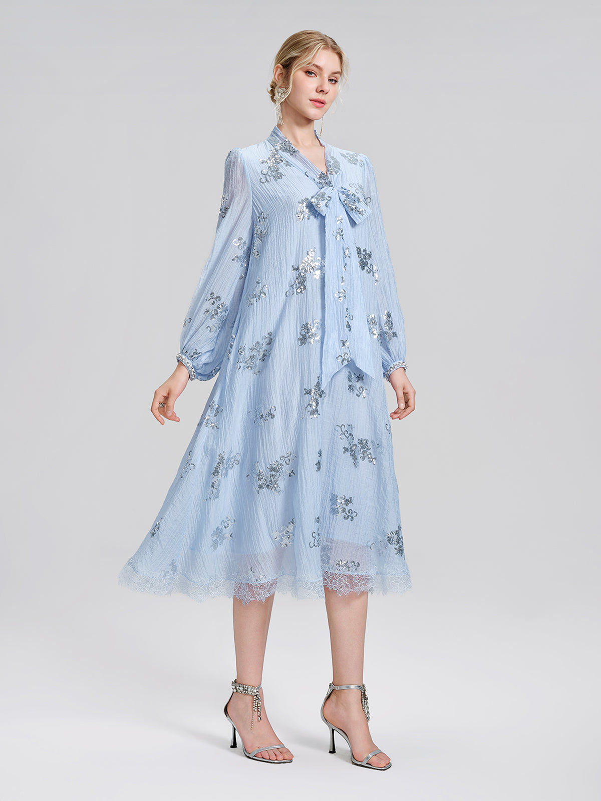 Sequin Embroidered Lace Panel Beaded Tie Dress