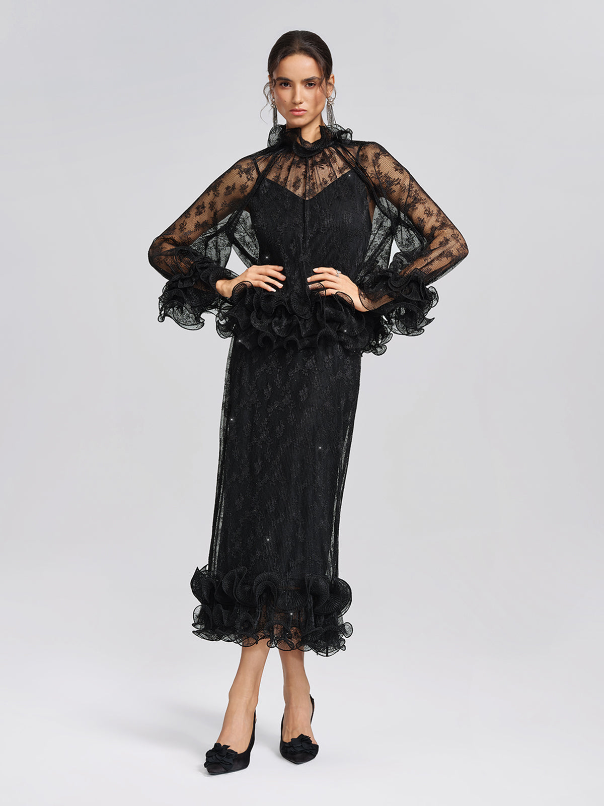 Pleated Mesh Floral Lace Skirt