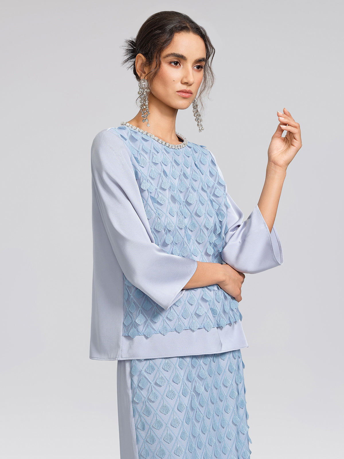 Mesh Ginkgo Embroidery Pearl Blouse