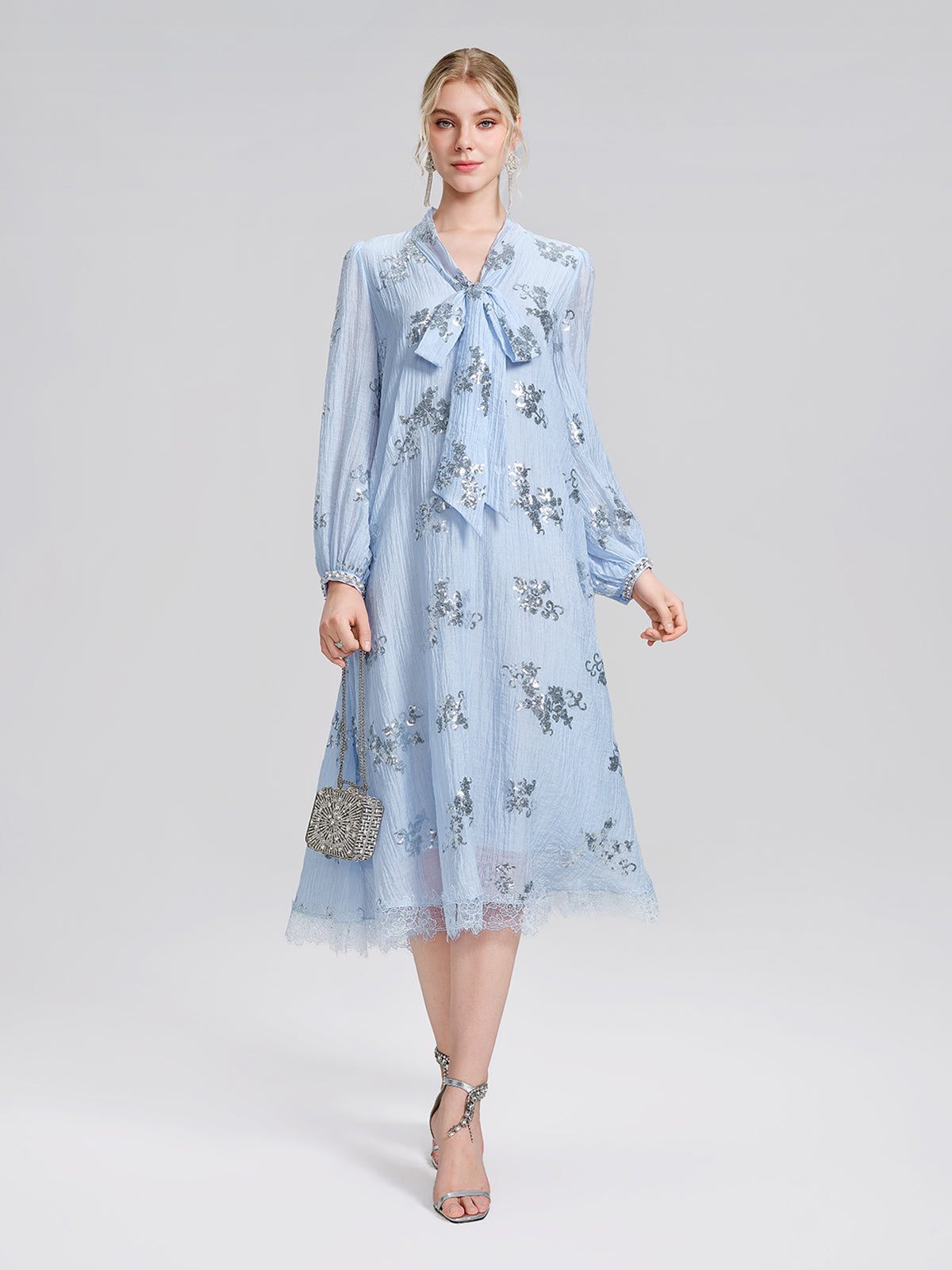 Sequin Embroidered Lace Panel Beaded Tie Dress