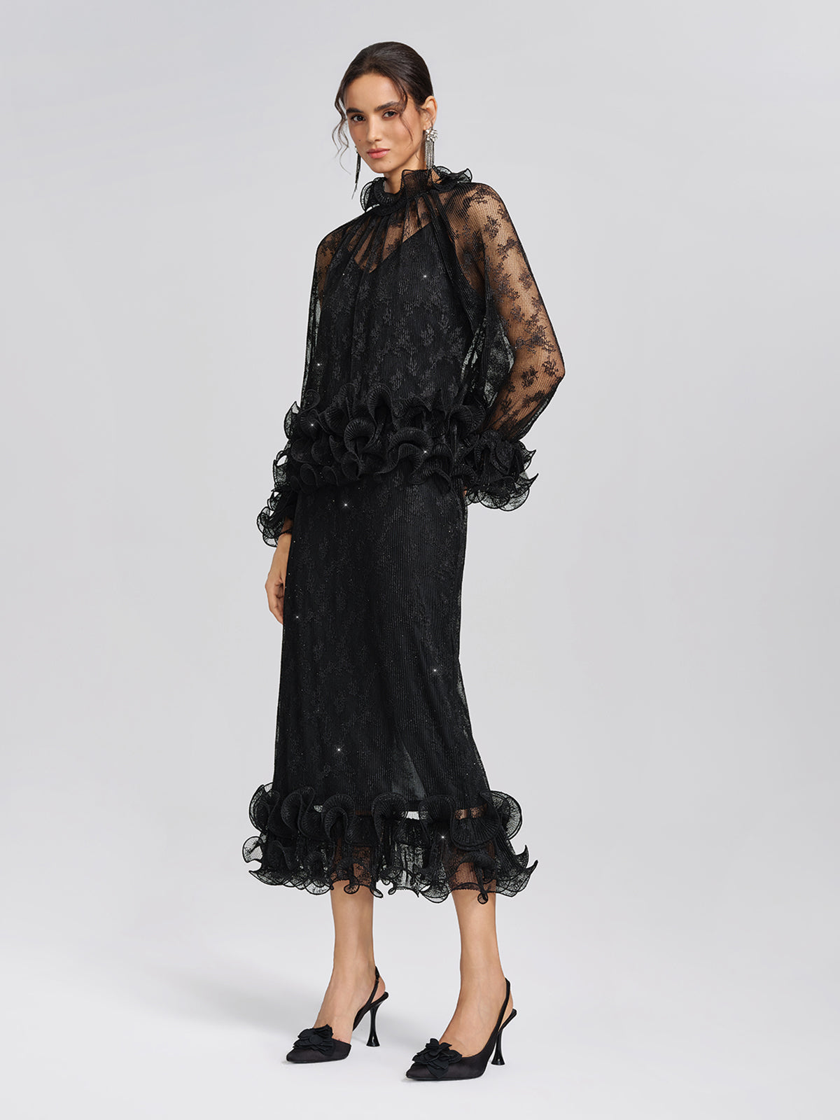 Pleated Mesh Floral Lace Skirt