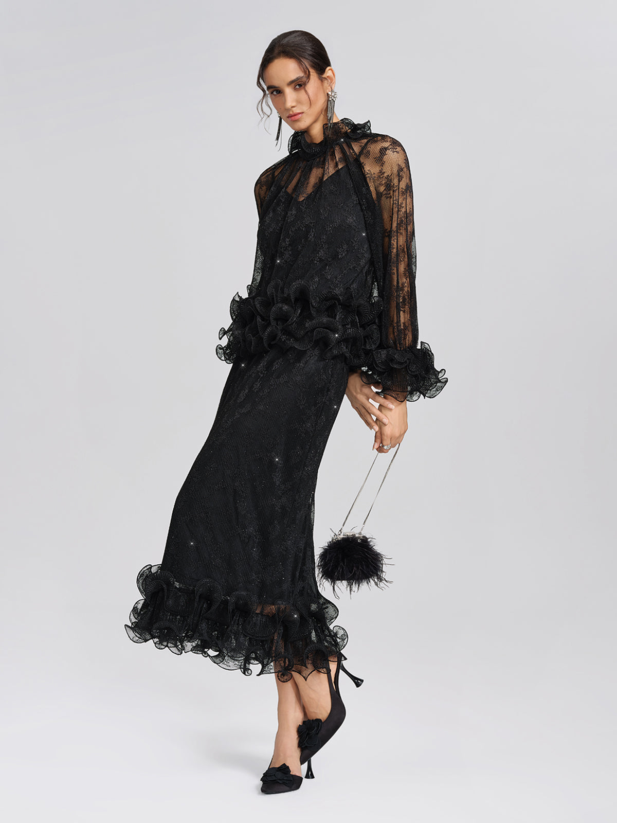 Pleated Mesh Floral Lace Skirt