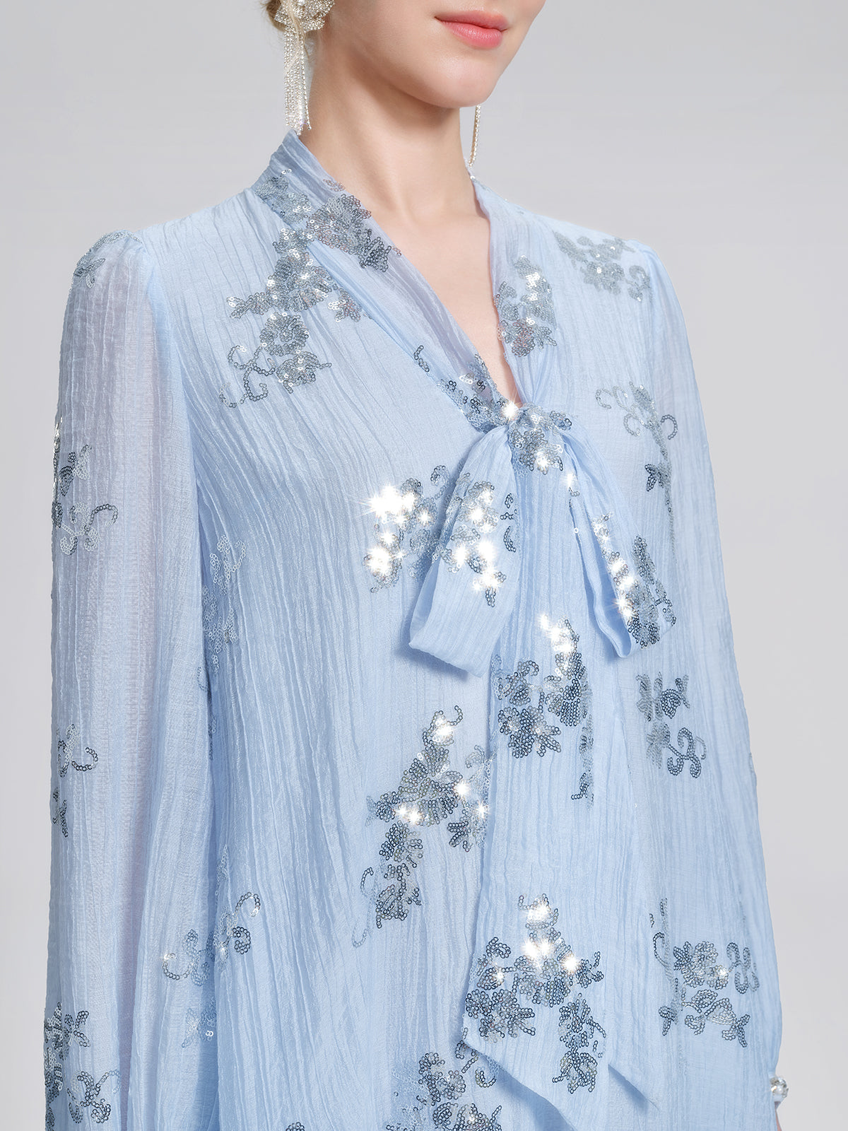 Sequin Embroidered Lace Panel Beaded Tie Dress