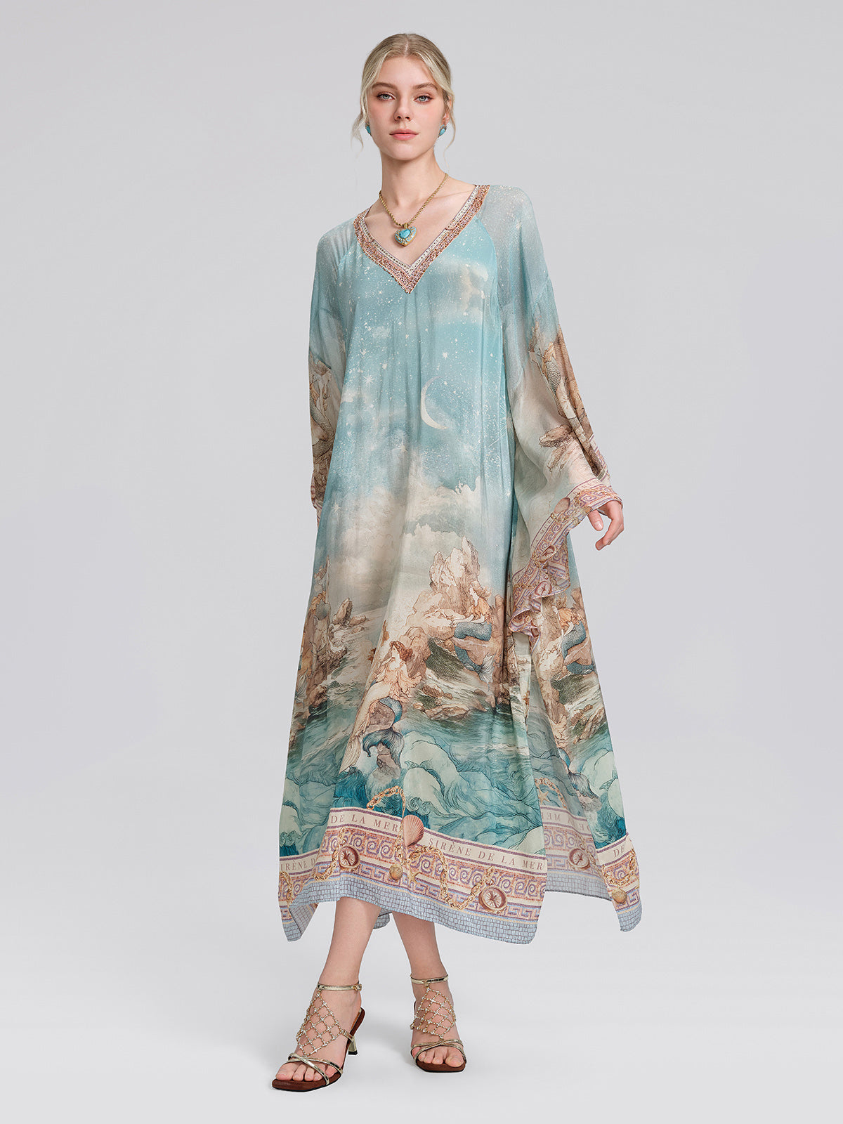100% Silk Mermaid Print Batwing Sleeve Dress(Waist Tie, Headscarf & Scrunchie Included)
