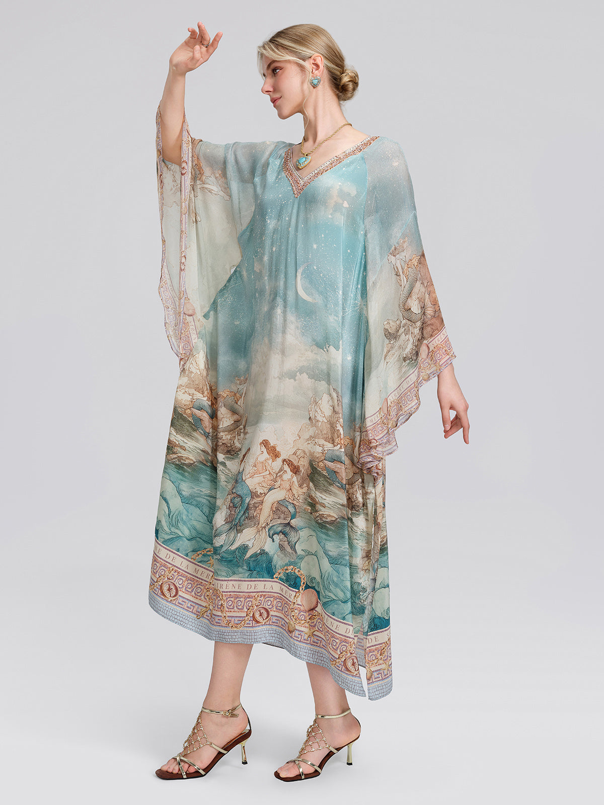 100% Silk Mermaid Print Batwing Sleeve Dress(Waist Tie, Headscarf & Scrunchie Included)