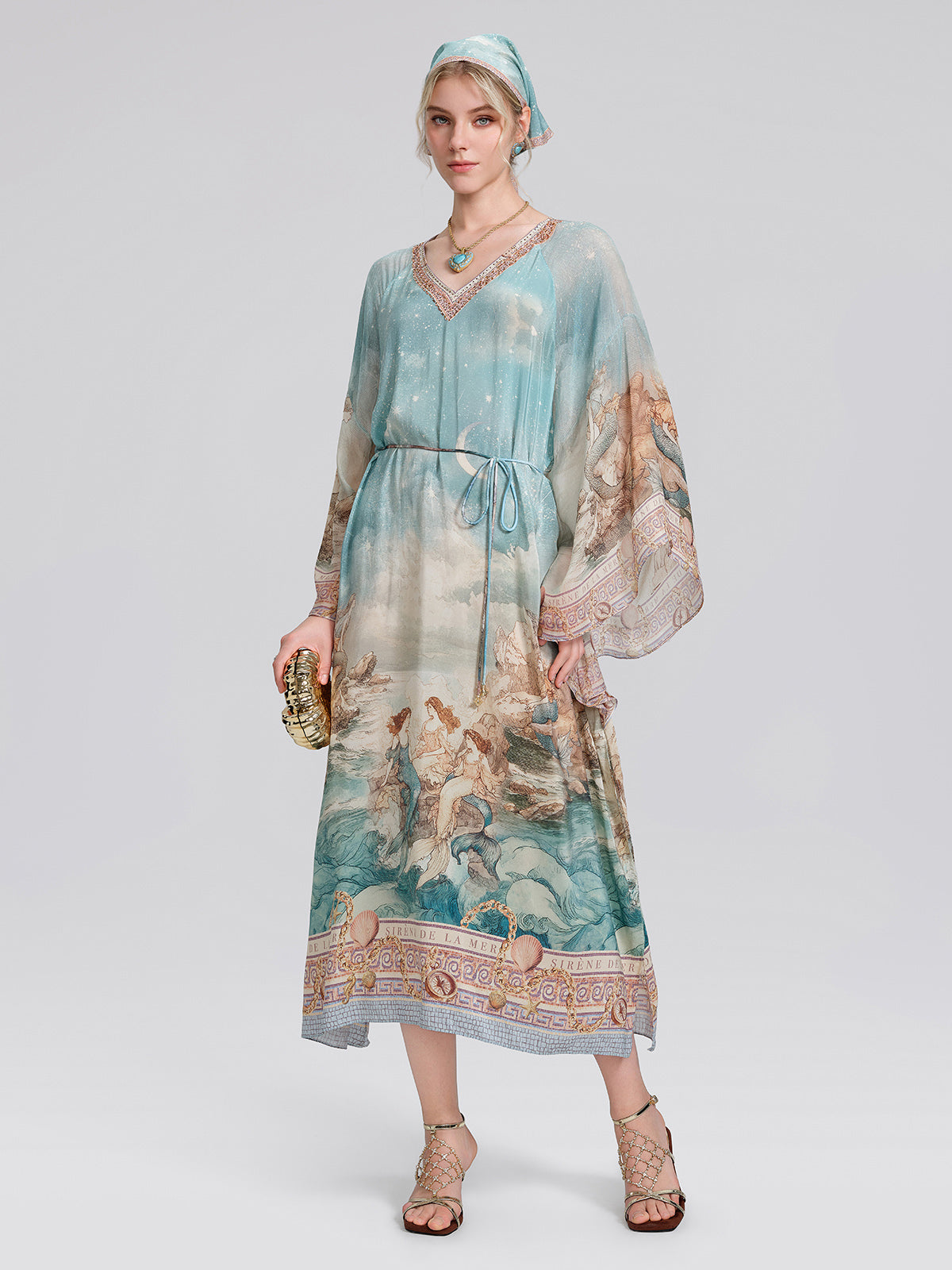 100% Silk Mermaid Print Batwing Sleeve Dress(Waist Tie, Headscarf & Scrunchie Included)