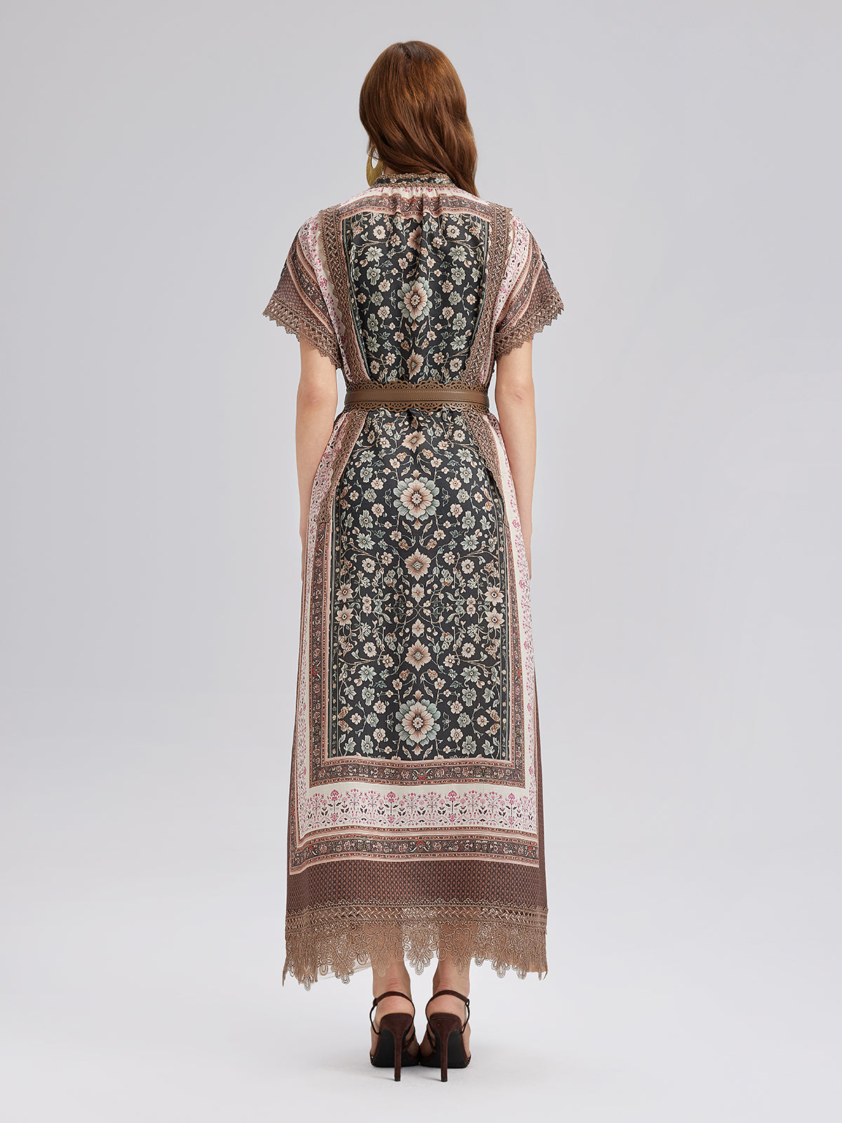Botanical Print Lace-Trimmed Dress