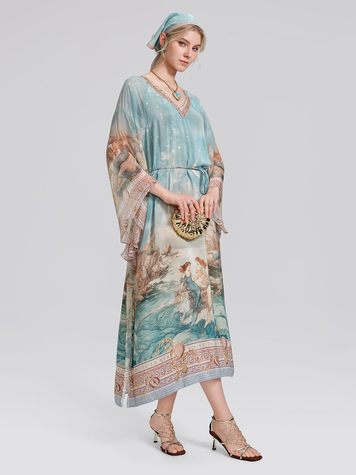 100% Silk Mermaid Print Batwing Sleeve Dress(Waist Tie, Headscarf & Scrunchie Included)