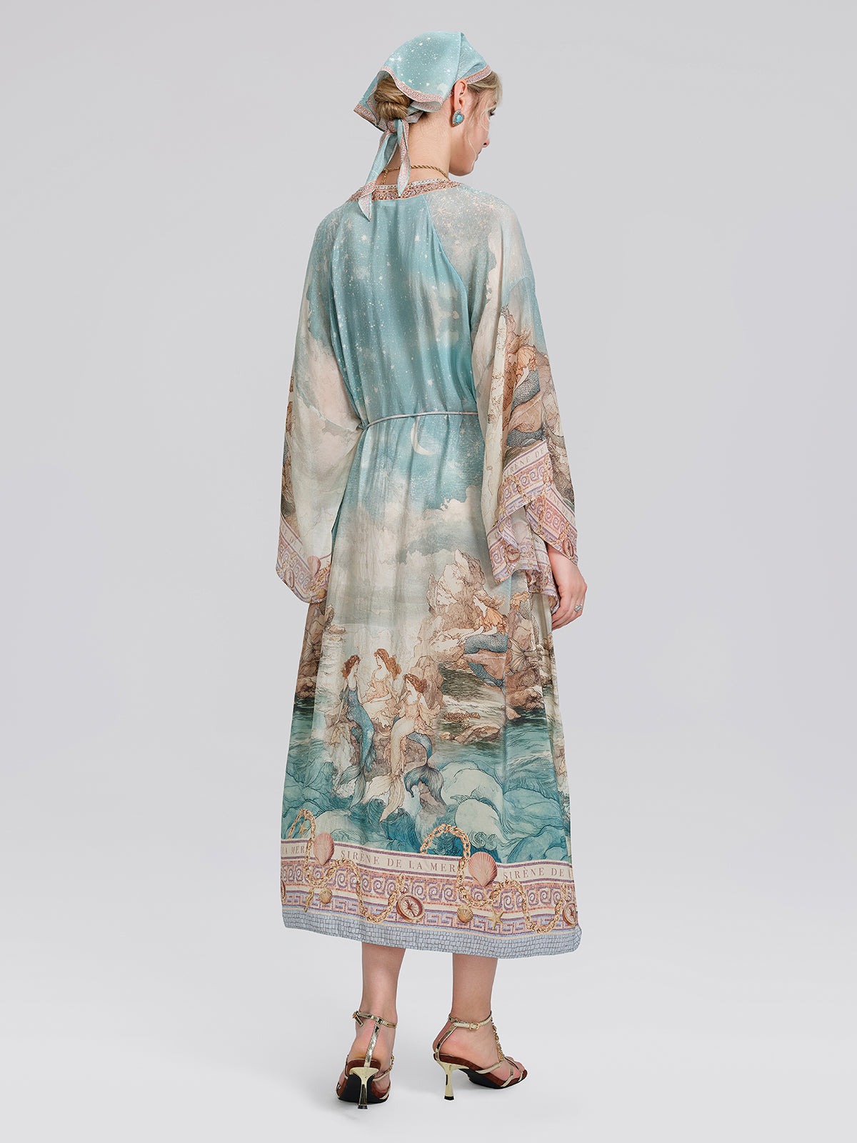 100% Silk Mermaid Print Batwing Sleeve Dress(Waist Tie, Headscarf & Scrunchie Included)