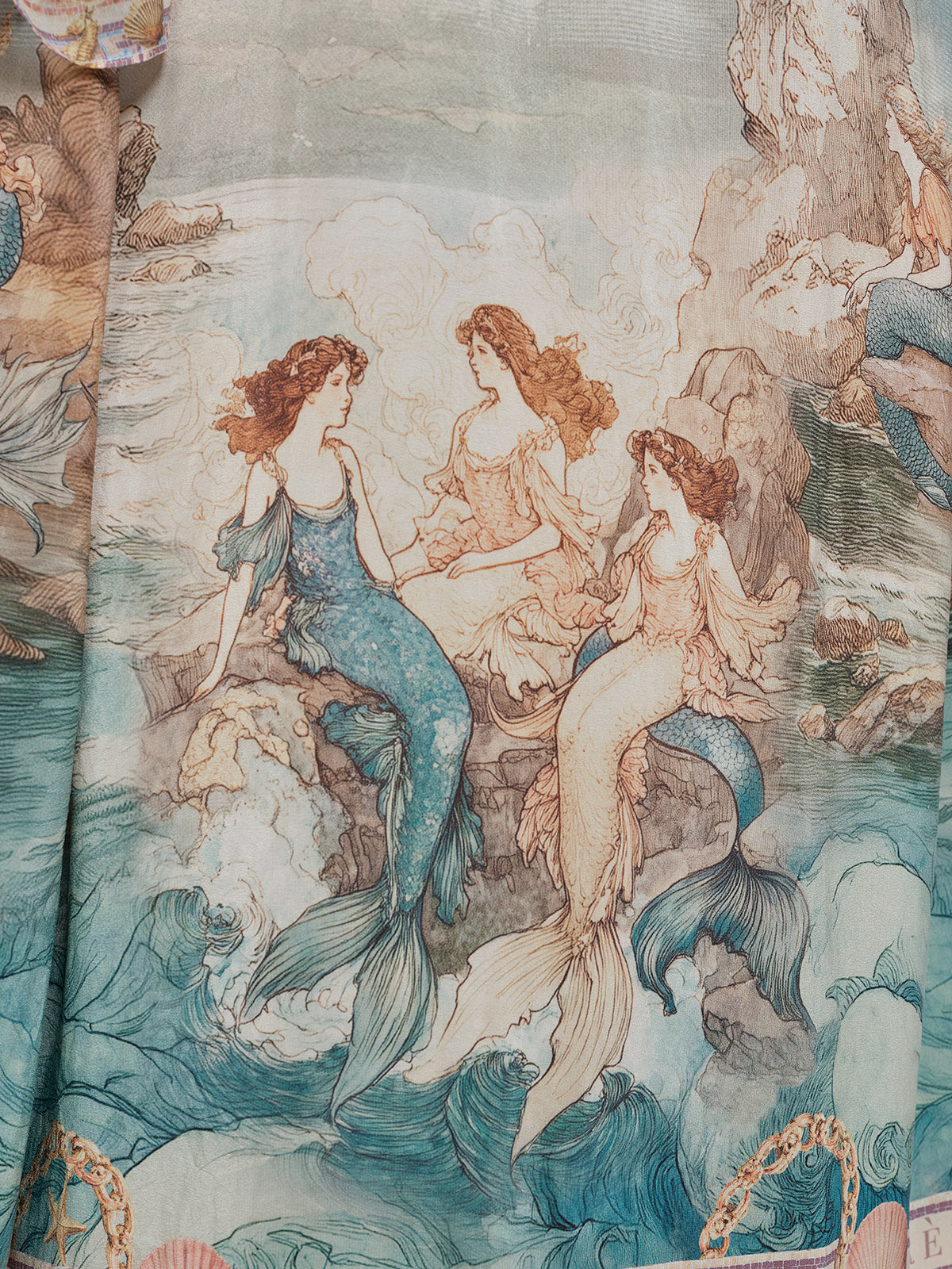 100% Silk Mermaid Print Batwing Sleeve Dress(Waist Tie, Headscarf & Scrunchie Included)