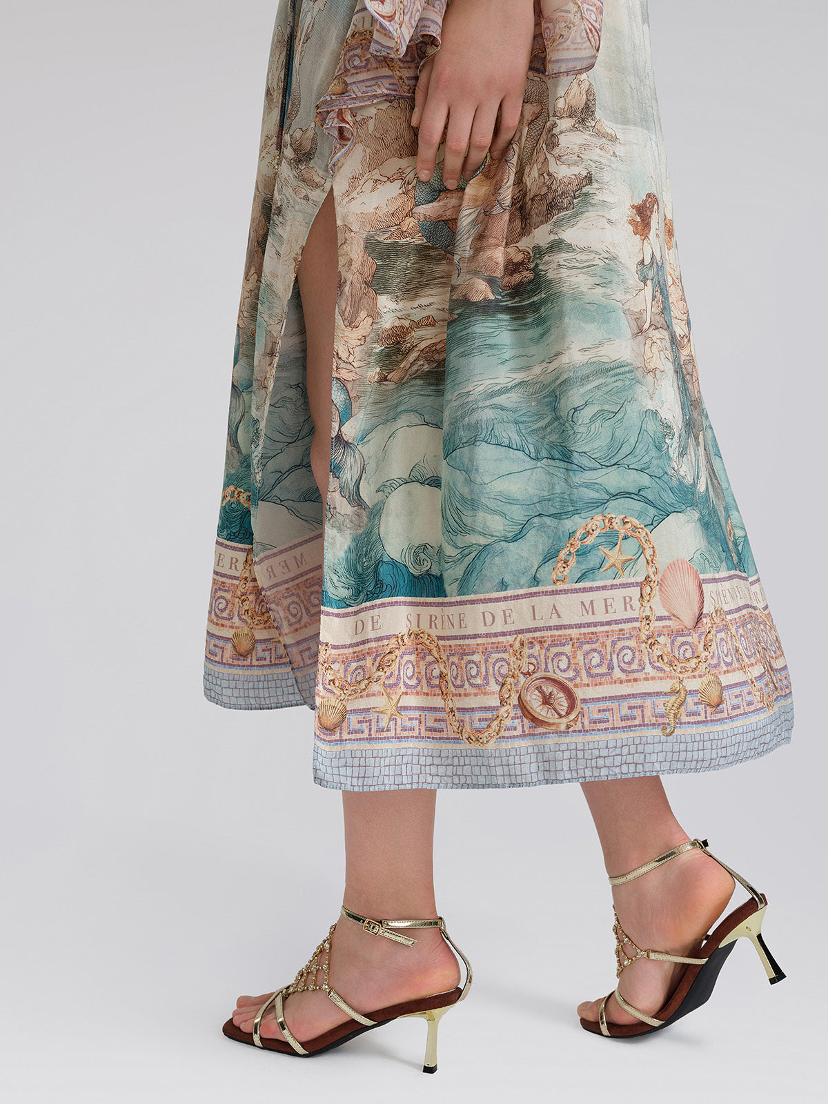 100% Silk Mermaid Print Batwing Sleeve Dress(Waist Tie, Headscarf & Scrunchie Included)