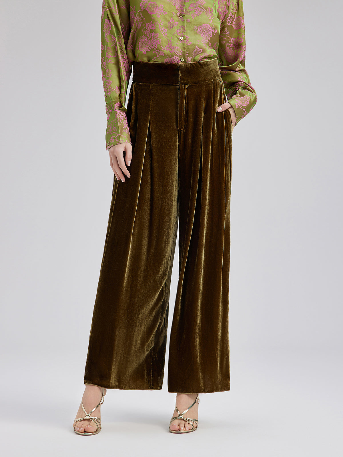 Final Sale | Gold Silk Velvet Wide-Leg Pants