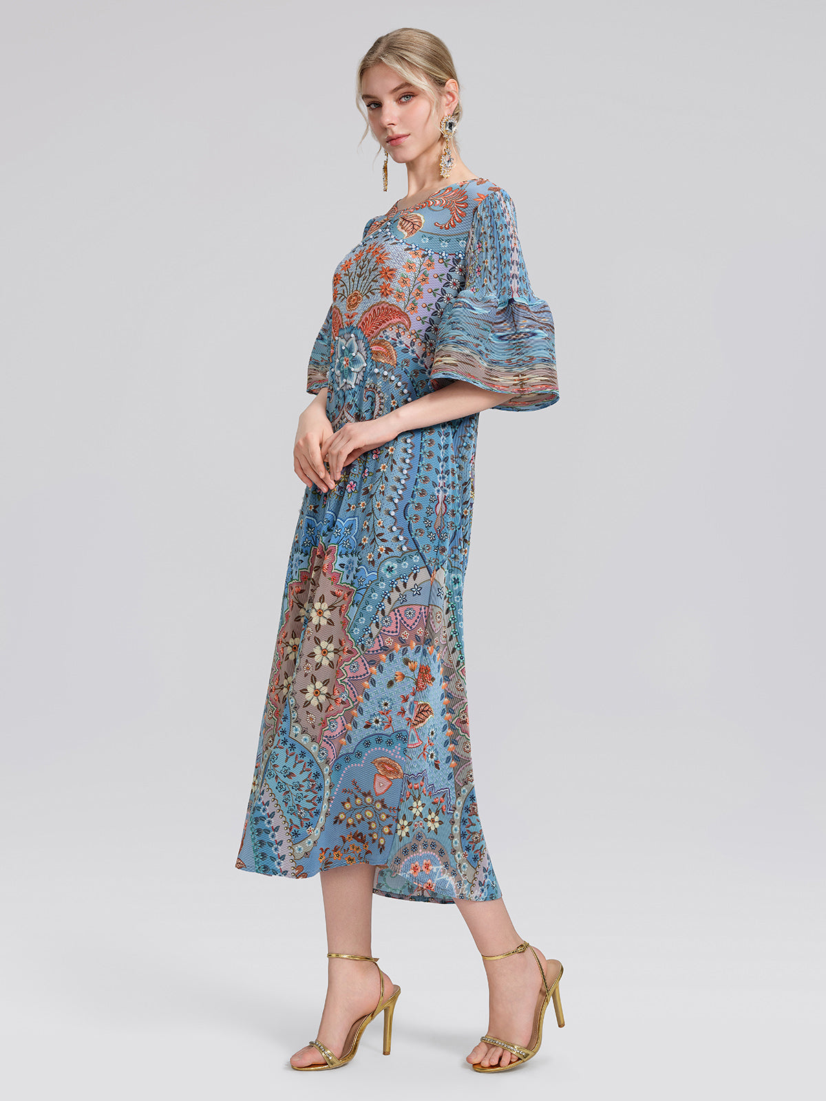 Pleated Beaded Floral Print Dress