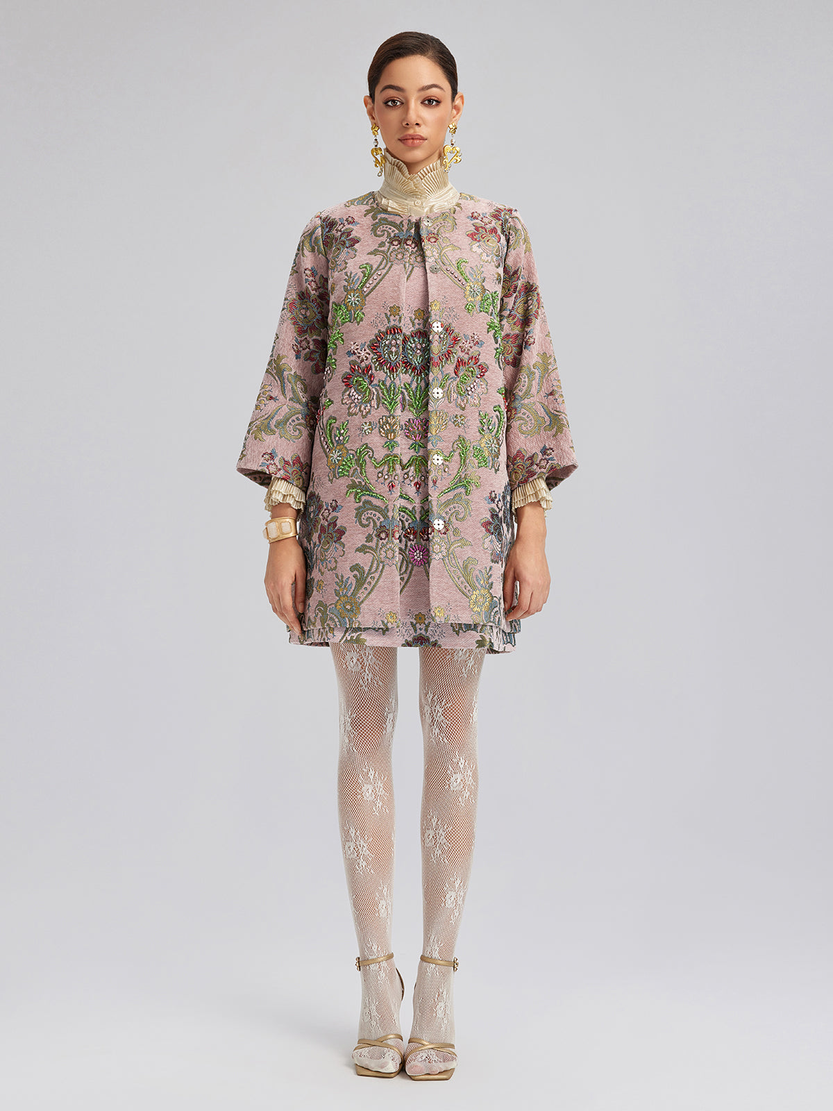 Hand-Beaded Embroidered Silk-Textured Dress