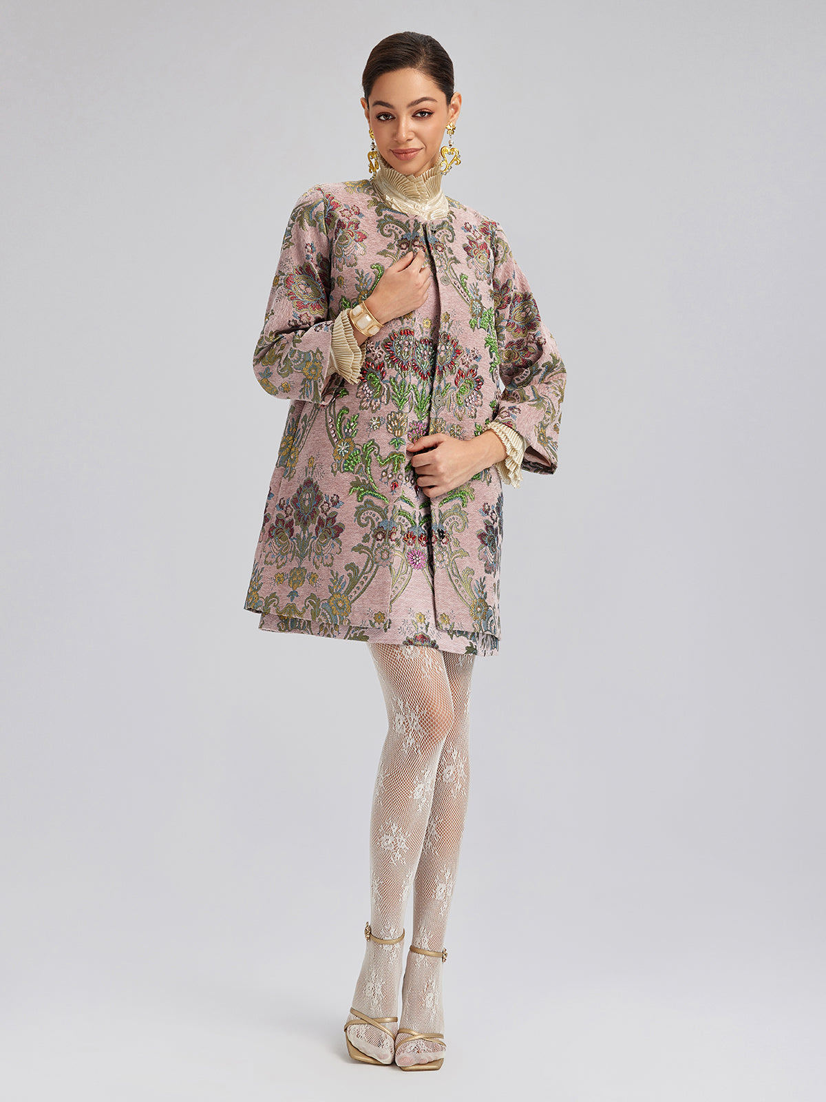 Hand-Beaded Embroidered Silk-Textured Dress