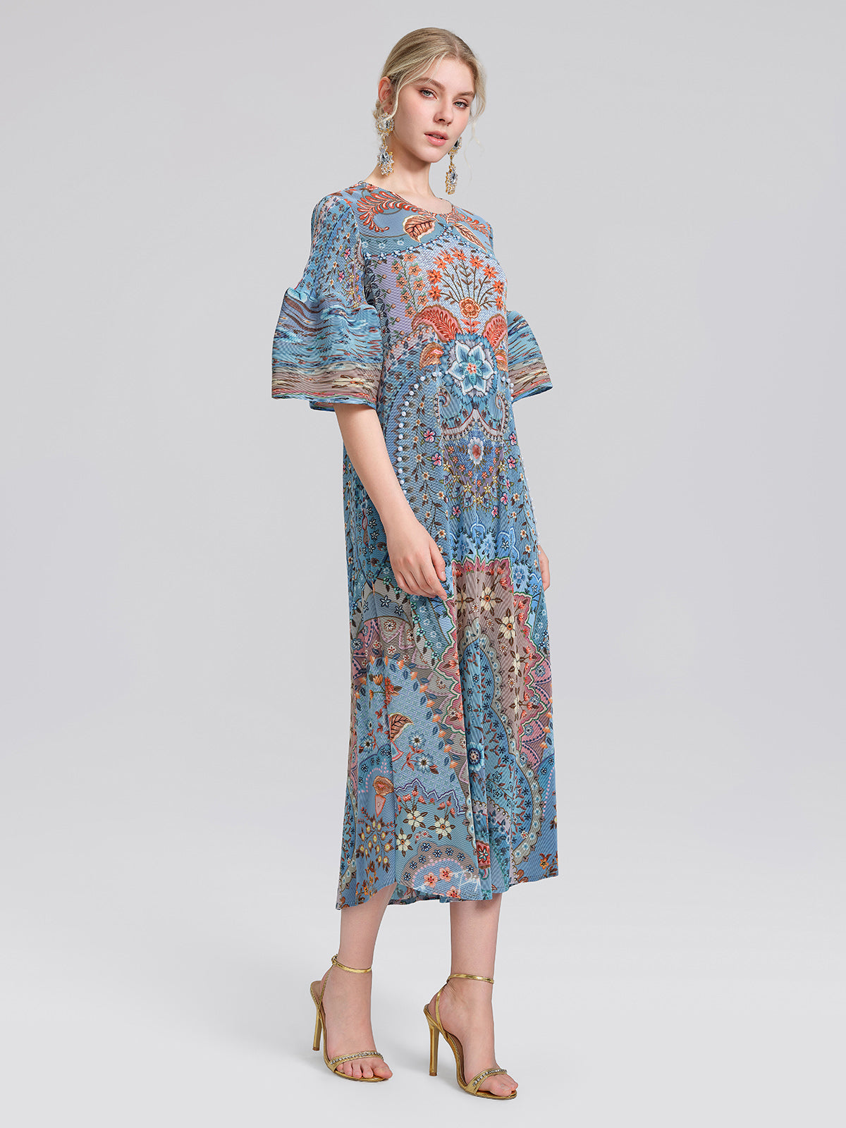 Pleated Beaded Floral Print Dress