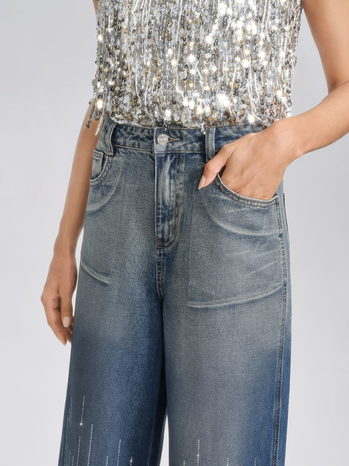 Silver-Washed Rhinestone Wide-Leg Jeans