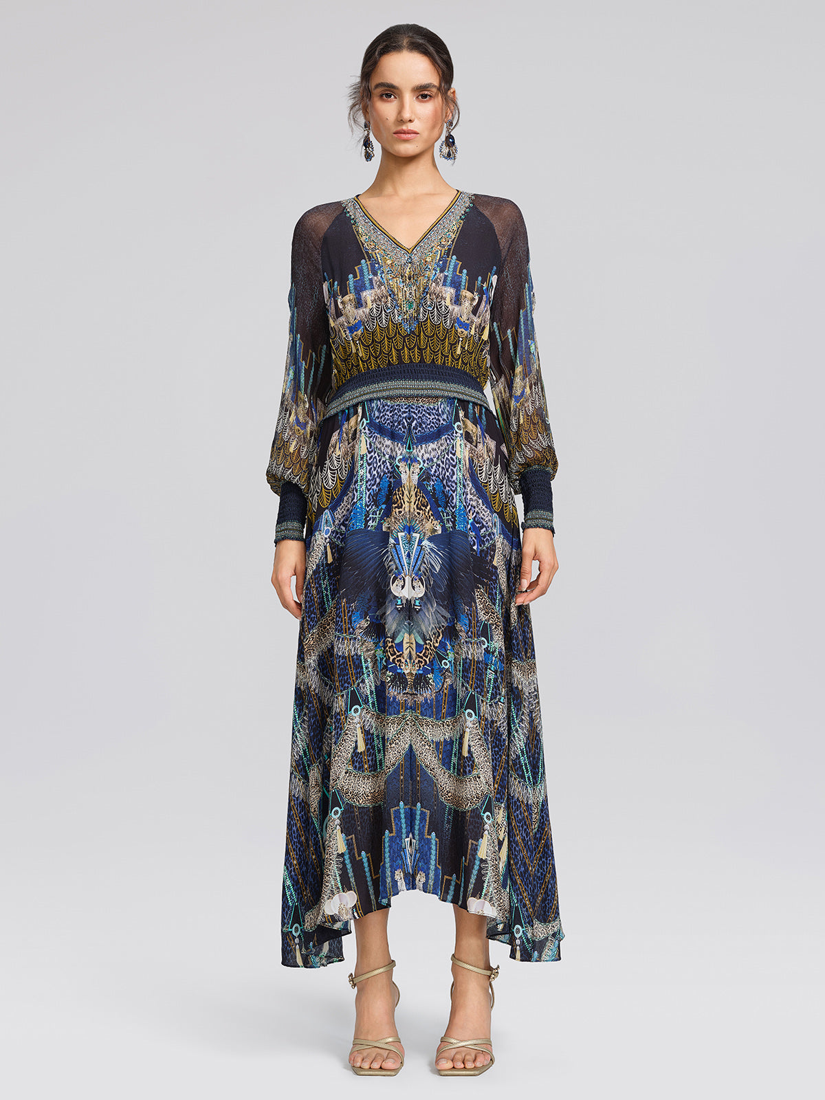 100% Silk Peacock Leopard Print Beaded Dress