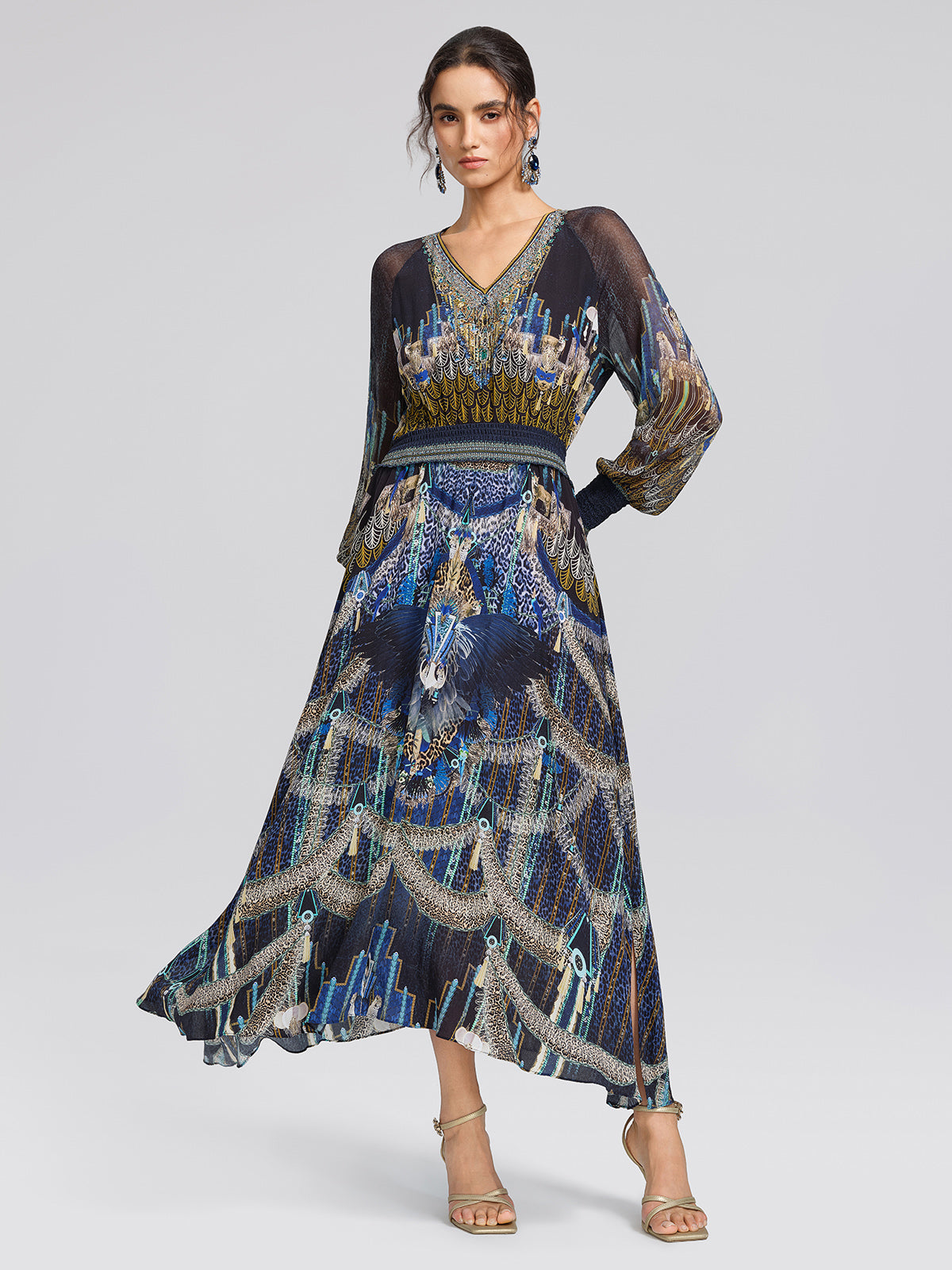 100% Silk Peacock Leopard Print Beaded Dress