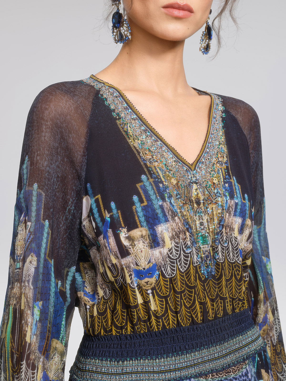 100% Silk Peacock Leopard Print Beaded Dress
