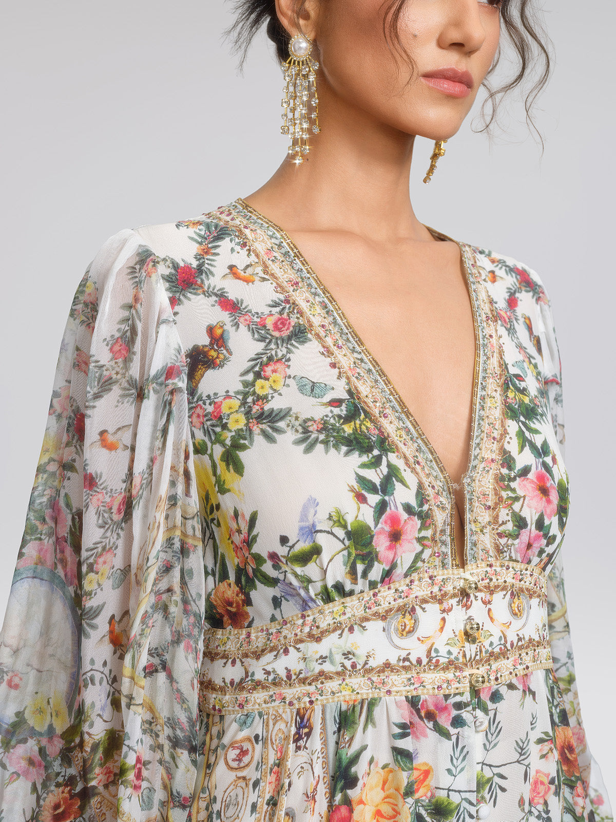 100% Silk French Floral Rhinestone V-Neck Waist Dress