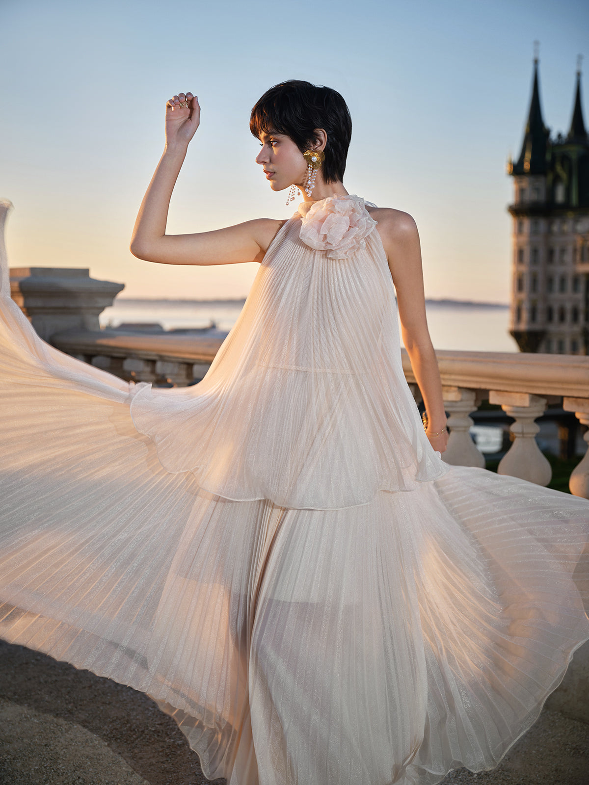 Hand-Braided Off-Shoulder Cutout Pleated Dress (Detachable Floral Included)