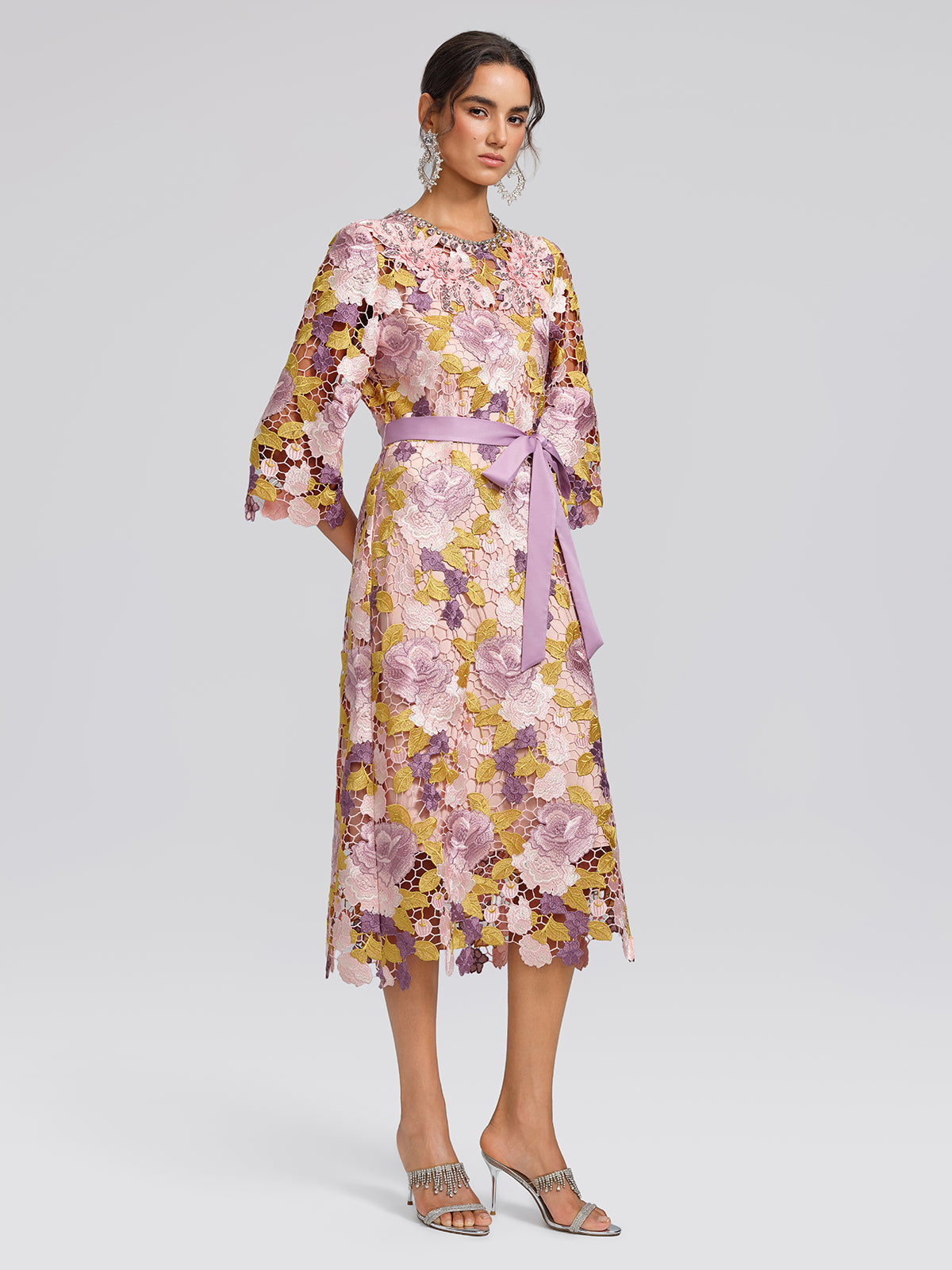 Embroidered Floral Lace Beaded Dress (Waist Tie & Slip Dress Included)