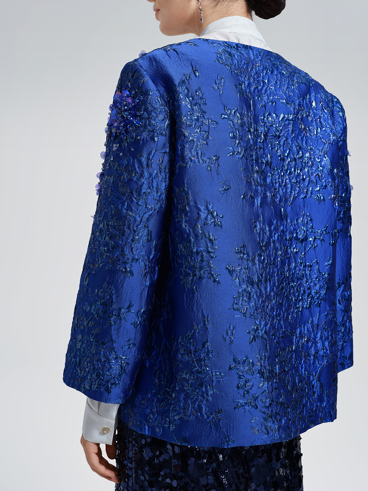 Royal Blue Hand-Beaded Jacquard Jacket