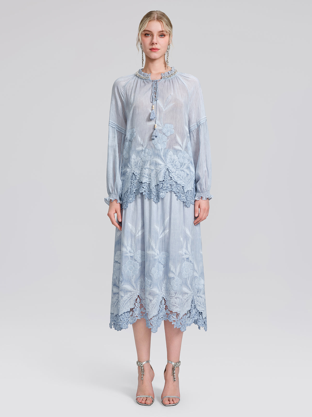 Silk Cotton Embroidered Lace Trim Panel Skirt