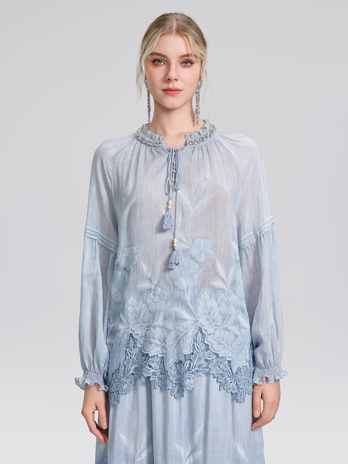 Silk Cotton Embroidered Lace Trim Beaded Blouse