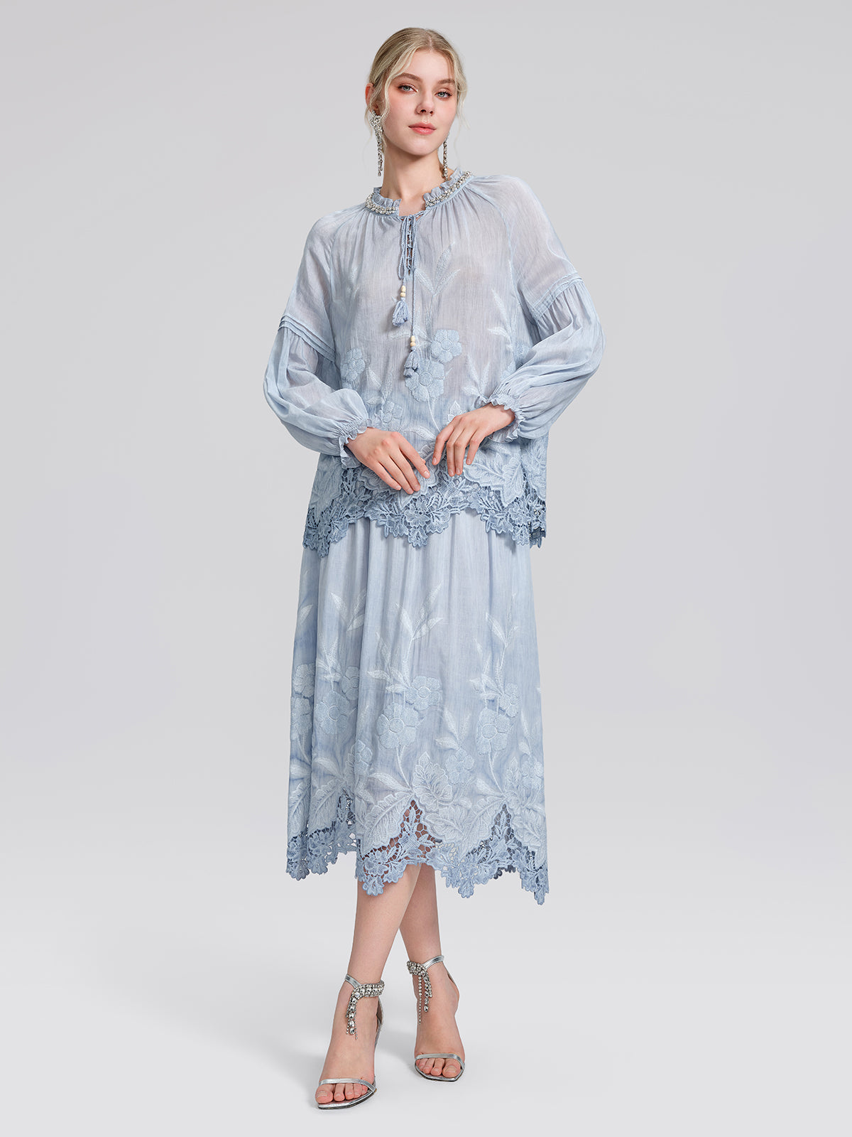Silk Cotton Embroidered Lace Trim Panel Skirt