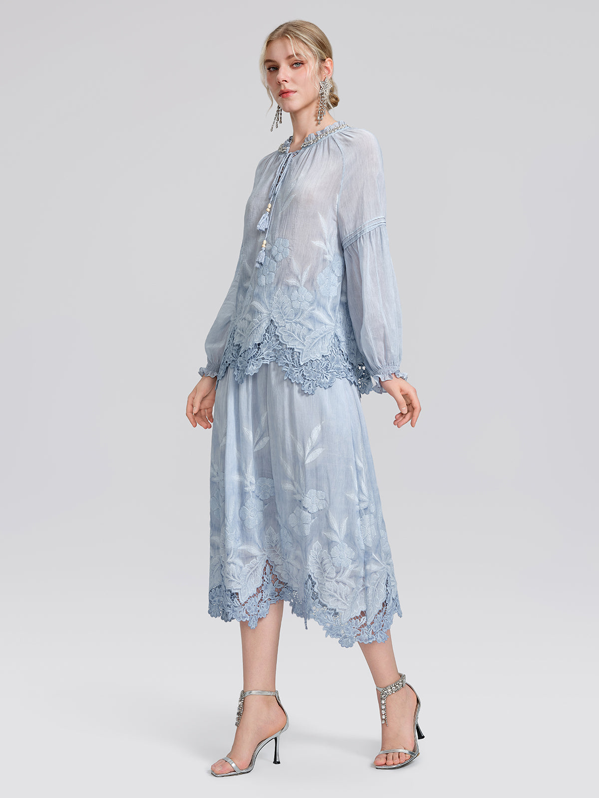 Silk Cotton Embroidered Lace Trim Panel Skirt