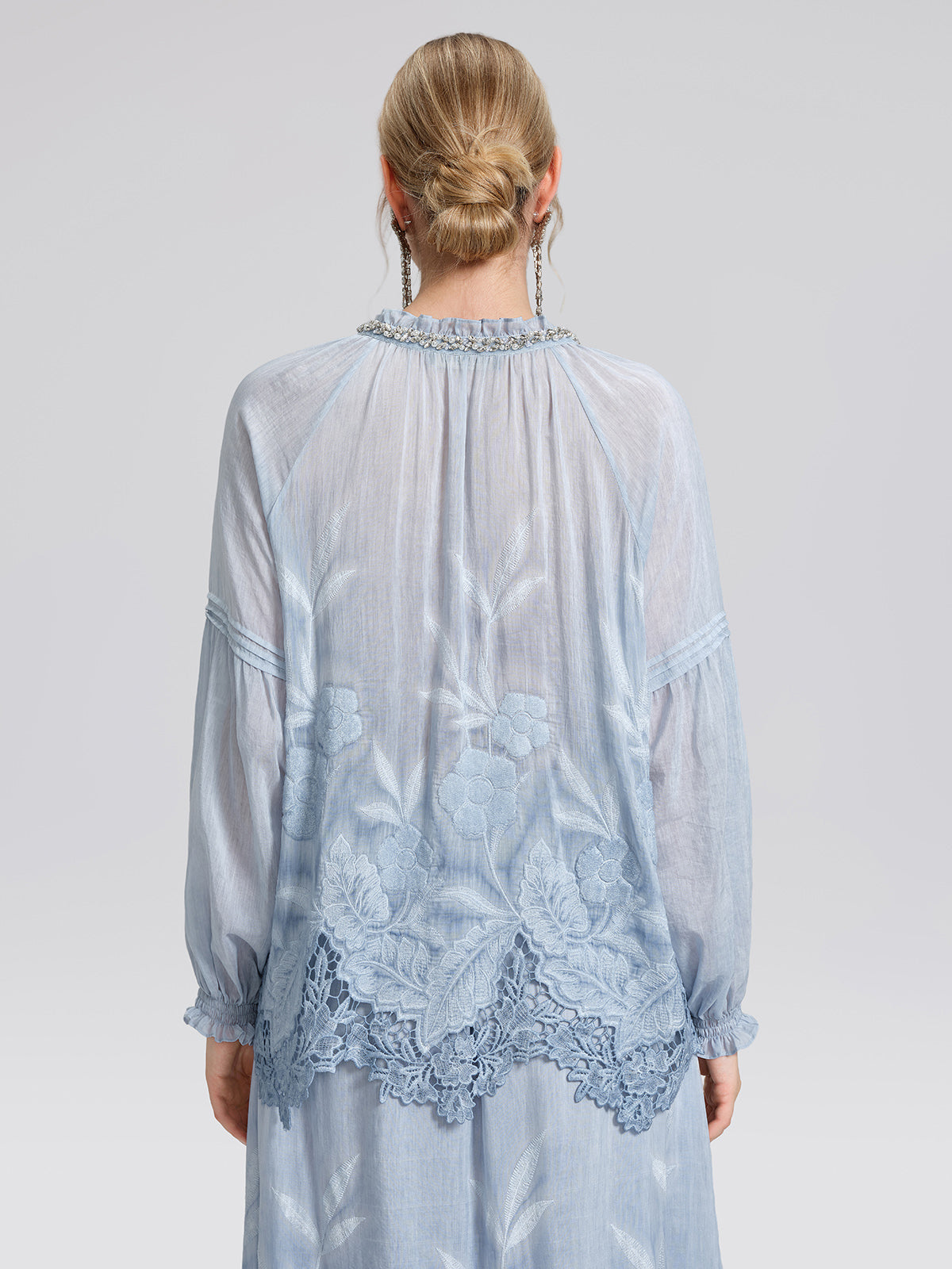 Silk Cotton Embroidered Lace Trim Beaded Blouse
