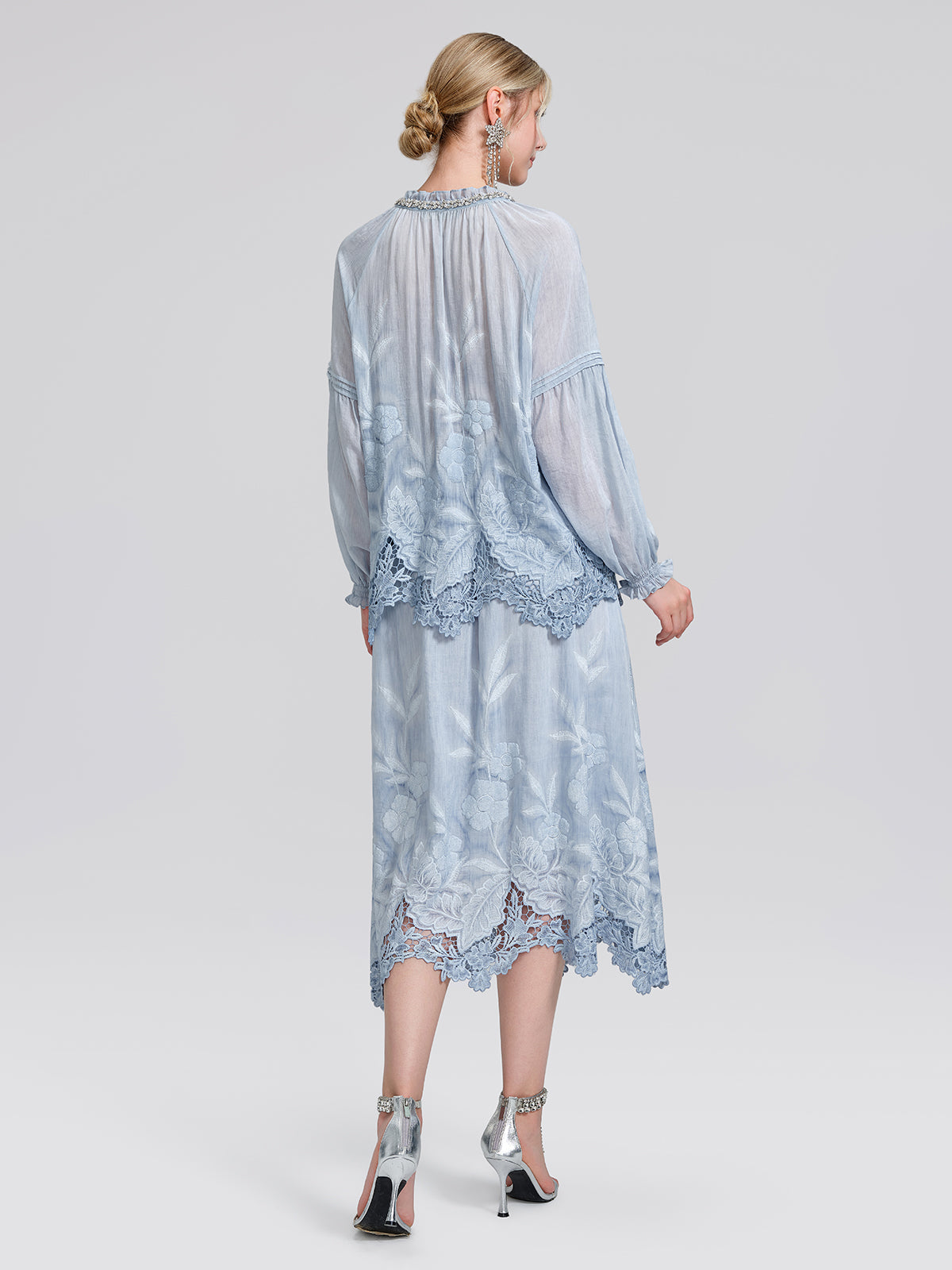 Silk Cotton Embroidered Lace Trim Panel Skirt