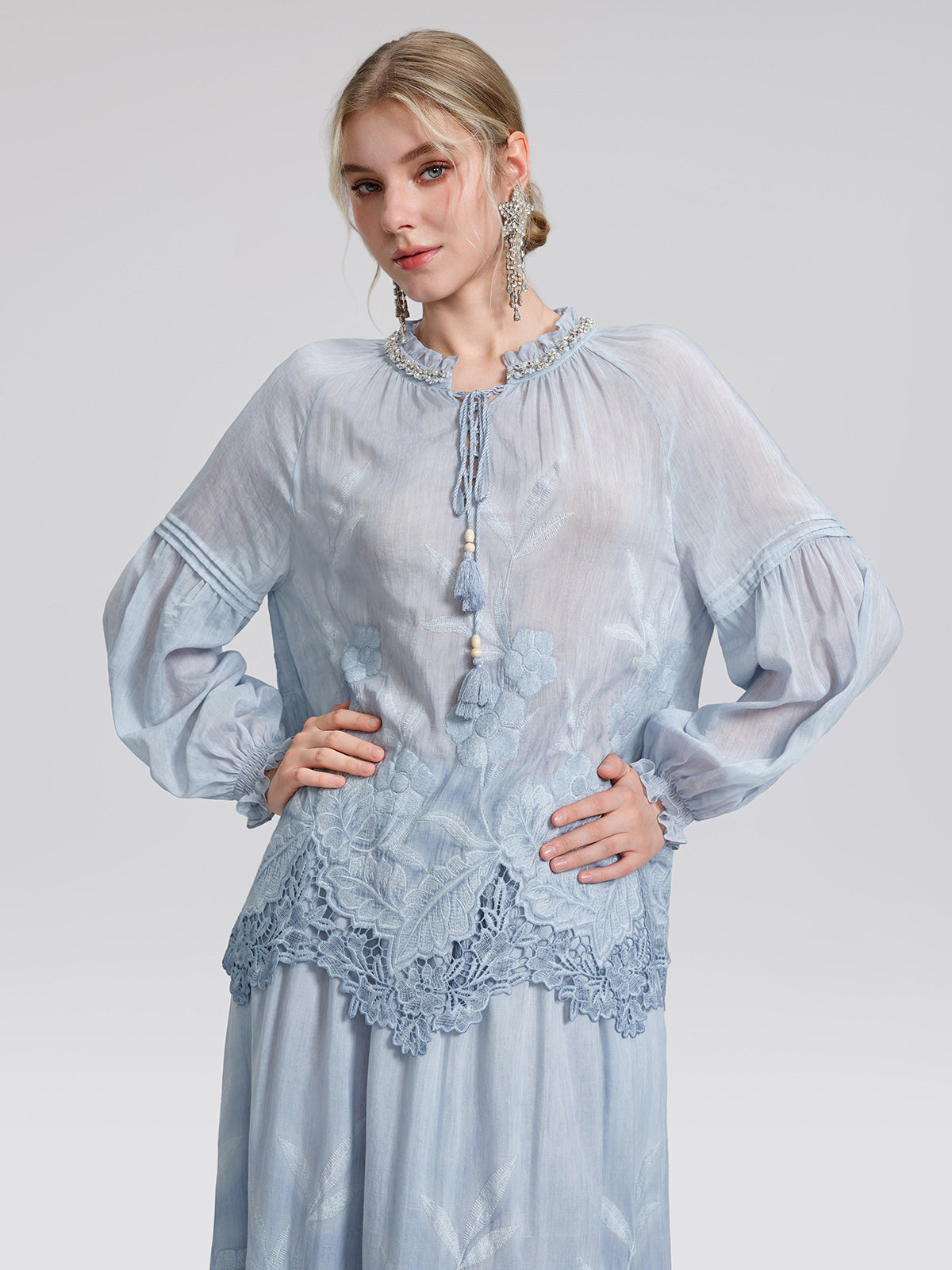 Silk Cotton Embroidered Lace Trim Beaded Blouse