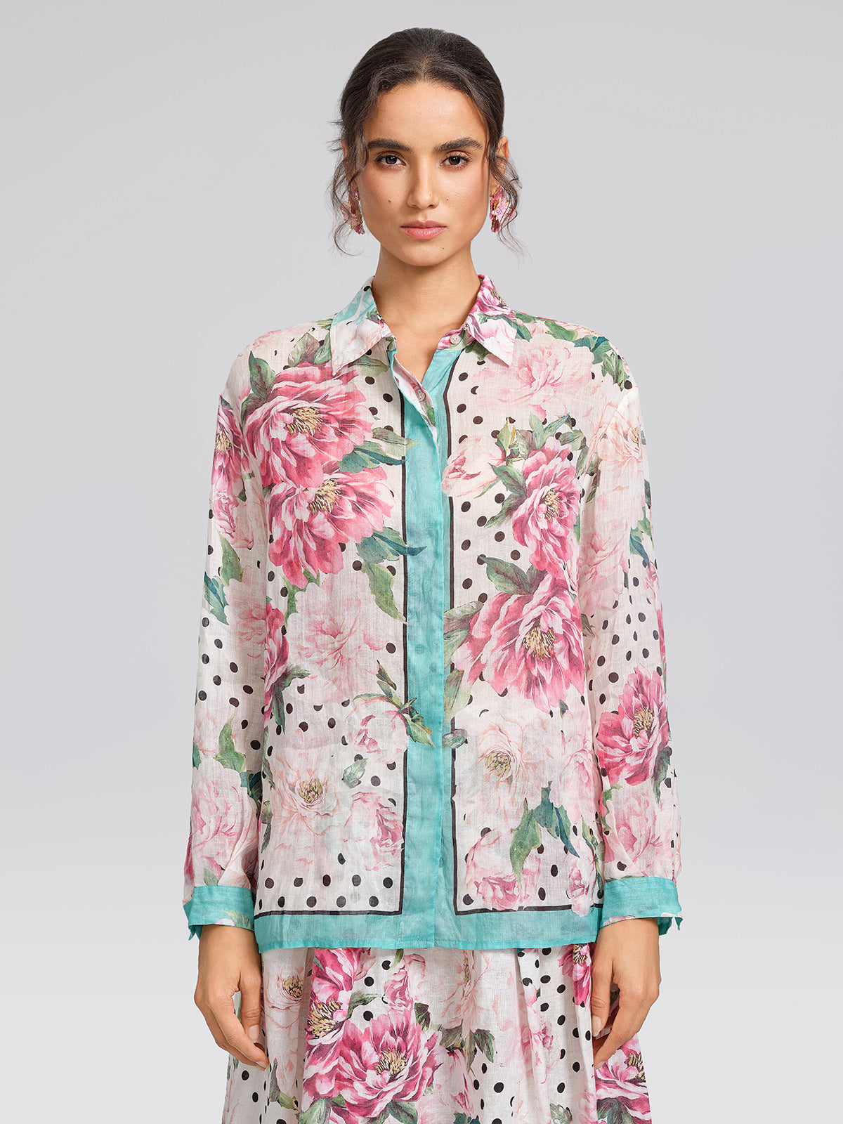 100% Ramie Peony Polka Dot Print Shirt